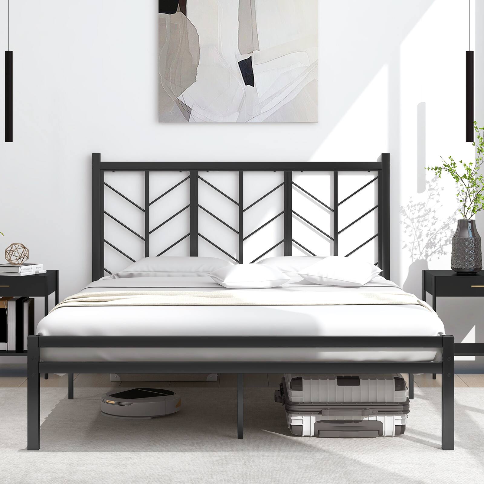 Alt View 9. Sugift - Queen Size Platform Bed with Headboard and Metal Frame-Queen Size - Black.