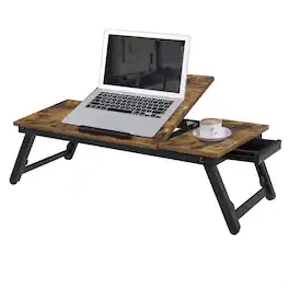 Songmics Home - Laptop Desk, Bed Sofa Breakfast Tray, Adjustable Tilt Top, Right-Left Handed, Adjustable Folding Legs, Drawer - Rustic Dark Brown