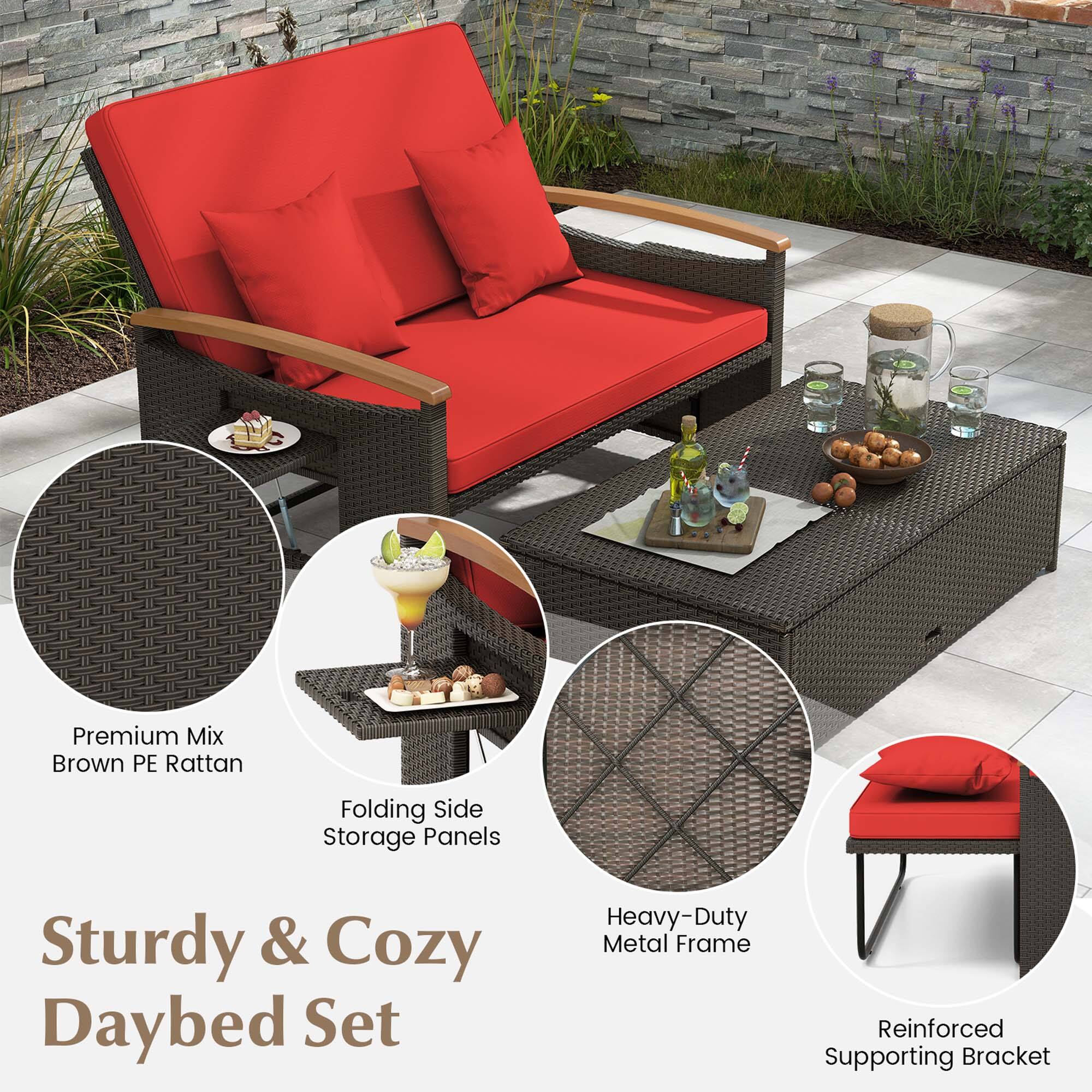 Premium Mix Brown PE Rattan Folding Side Storage Panels Sturdy & Cozy Daybed Set Heavy-Duty Metal Frame Reinforced Supporting Bracket