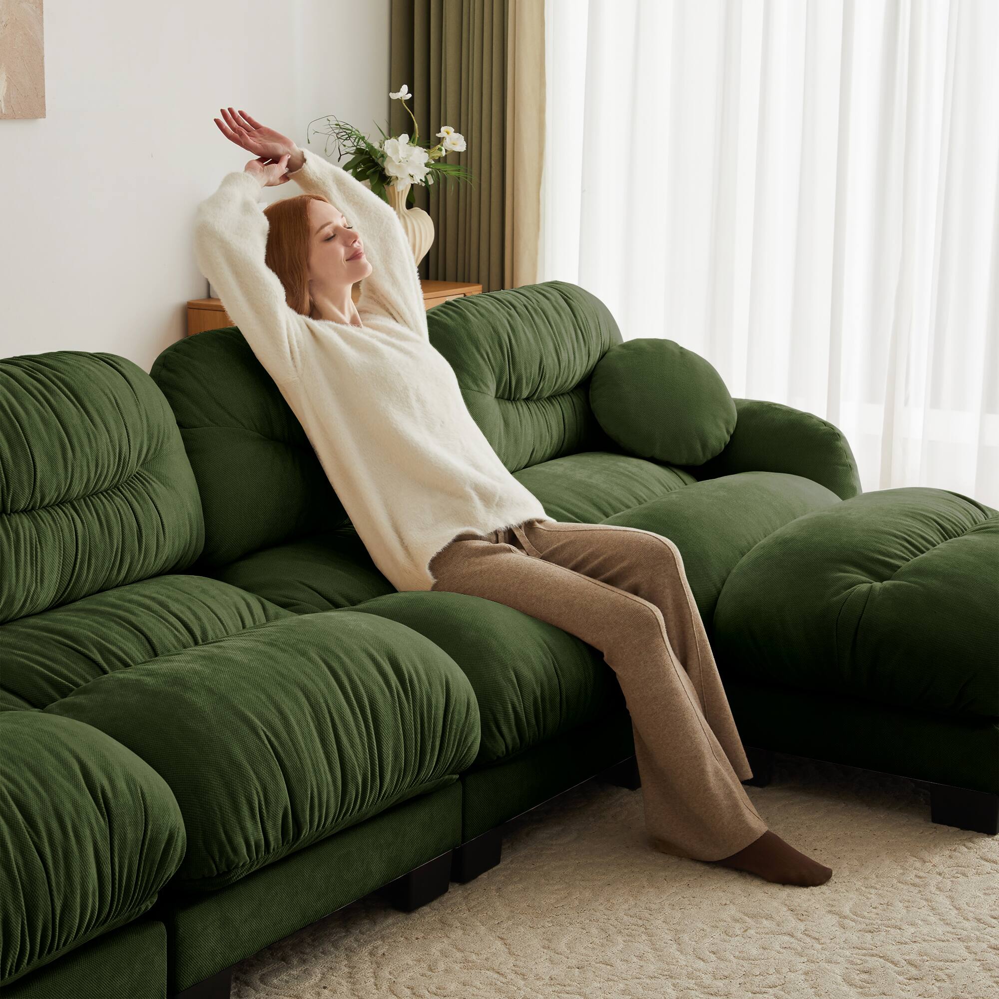 Back. Anysun - 4-Seater L Shape Sectional Couch with Ottoman, Chenille Fabric, High-Density Foam & Curved Armrests for Living Room - Green.