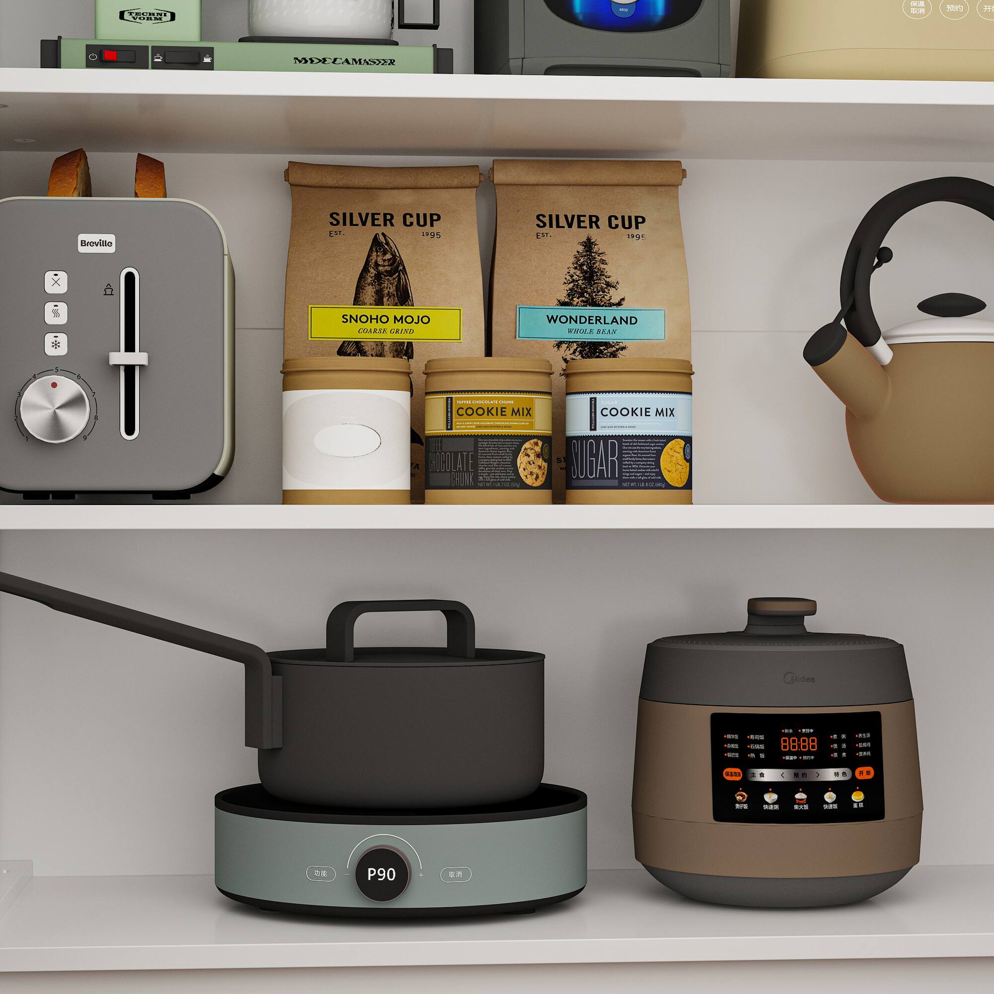 The image shows a shelf with various kitchen appliances and items. There are two coffee pots, one on the left side and the other on the right side of the shelf. A toaster oven is also present, located on the left side of the shelf. Additionally, there are two bowls, one in the middle and the other on the right side of the shelf. A pair of scissors can be seen on the right side of the shelf, and a book is placed in the middle of the shelf. The shelf is filled with various kitchen items, making it a functional and organized space.