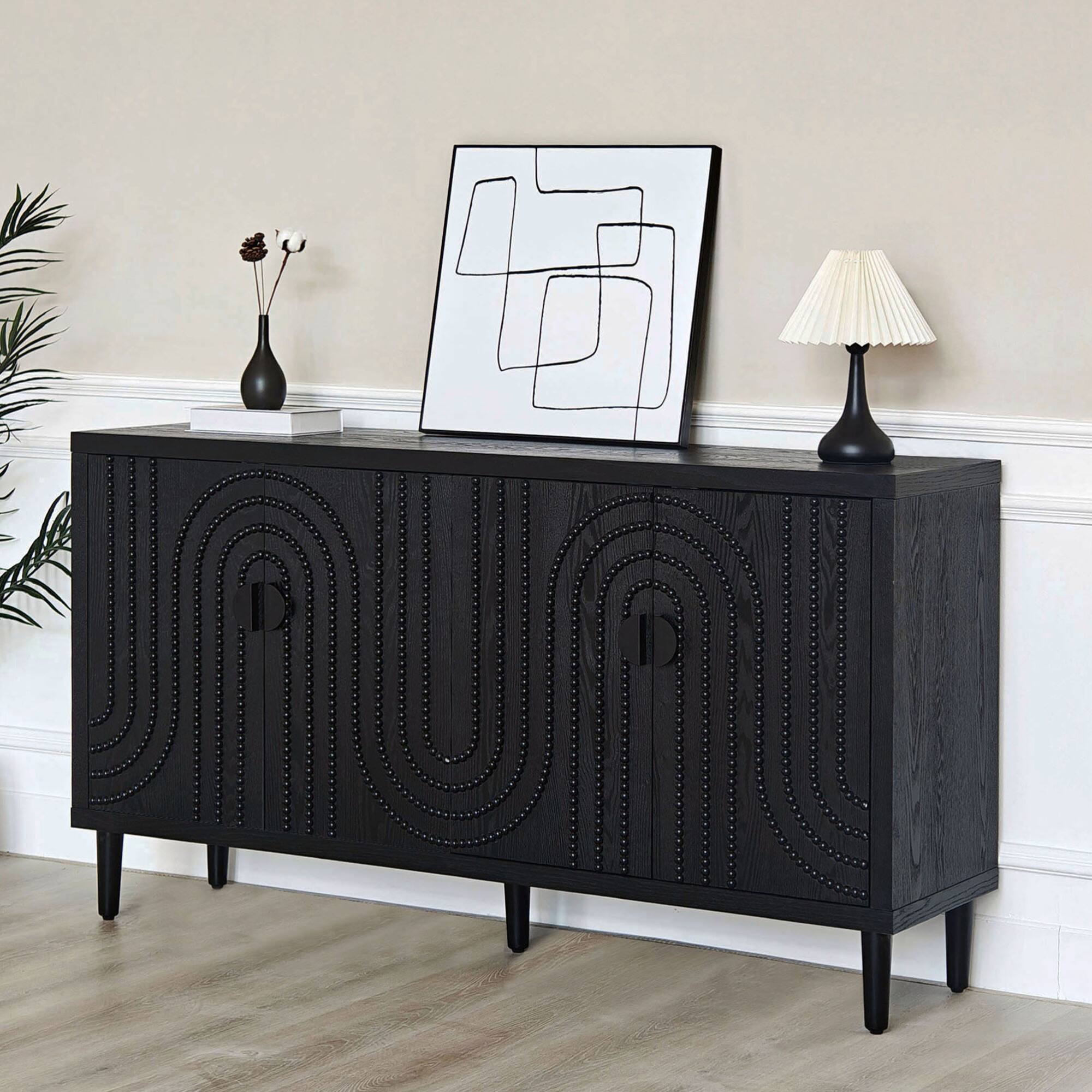 Angle. GOODSILO - Contemporary Sideboard Cabinet Featuring Decorative Nailhead Accents Ideal for Dining and Living Room Storage - Black.