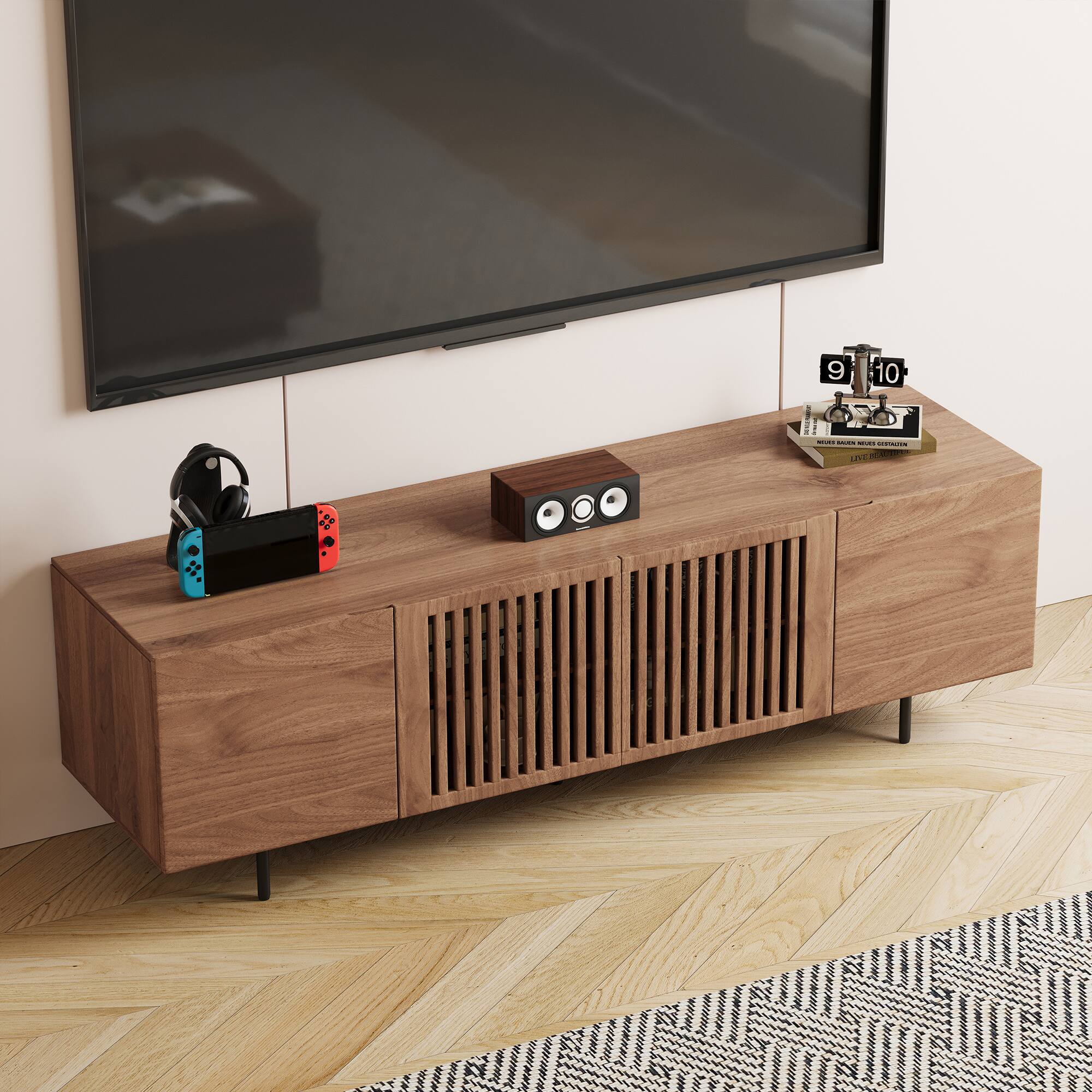 Back. luck idea - Modern 70.87" Walnut TV Stand, Multifunctional Media Console for Living Room & Bedroom - Walnut color.