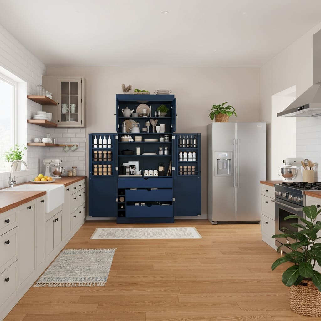 Forest'nSky - 77" Tall Kitchen Pantry Cabinet, Shaker Style with Adjustable Shelves, Drawers & Wine Racks - Blue