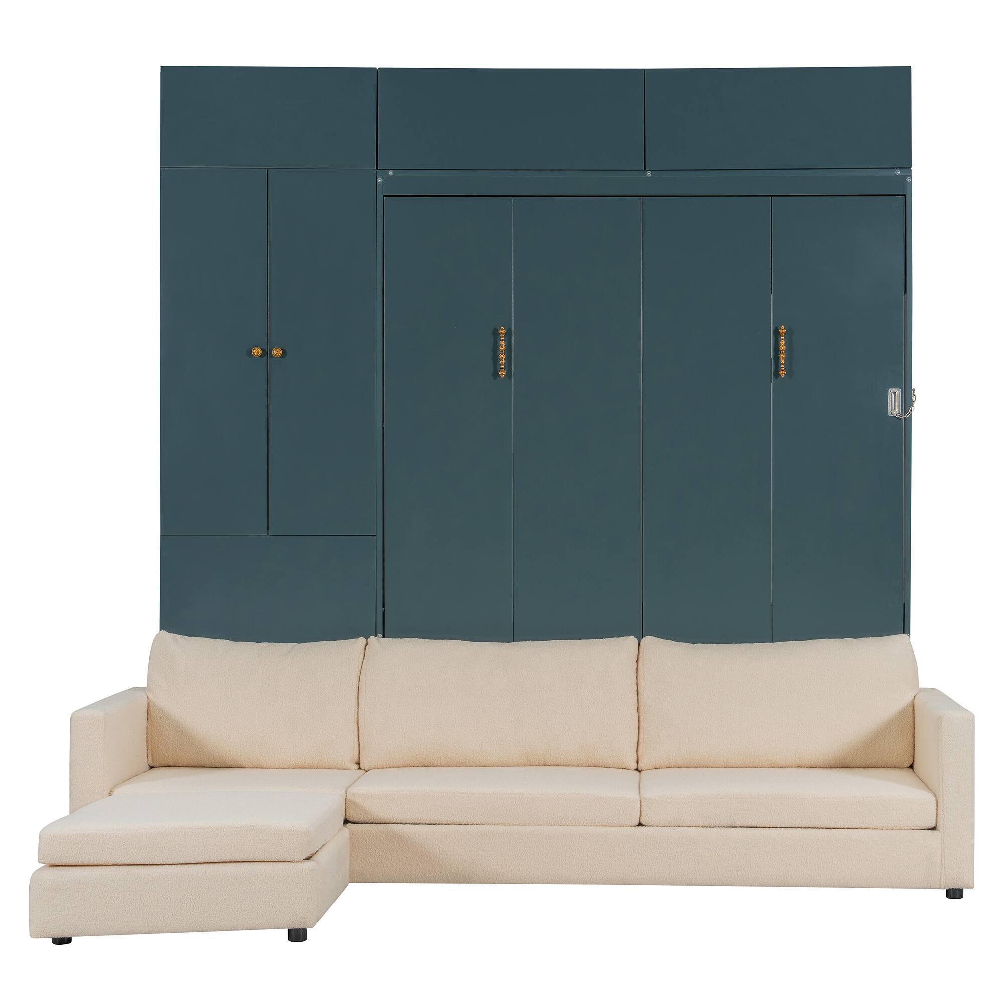Alt View 4. Anysun - Queen Size Murphy Bed Wall Bed with Sofa and Shelves,Green Panel - Beige.