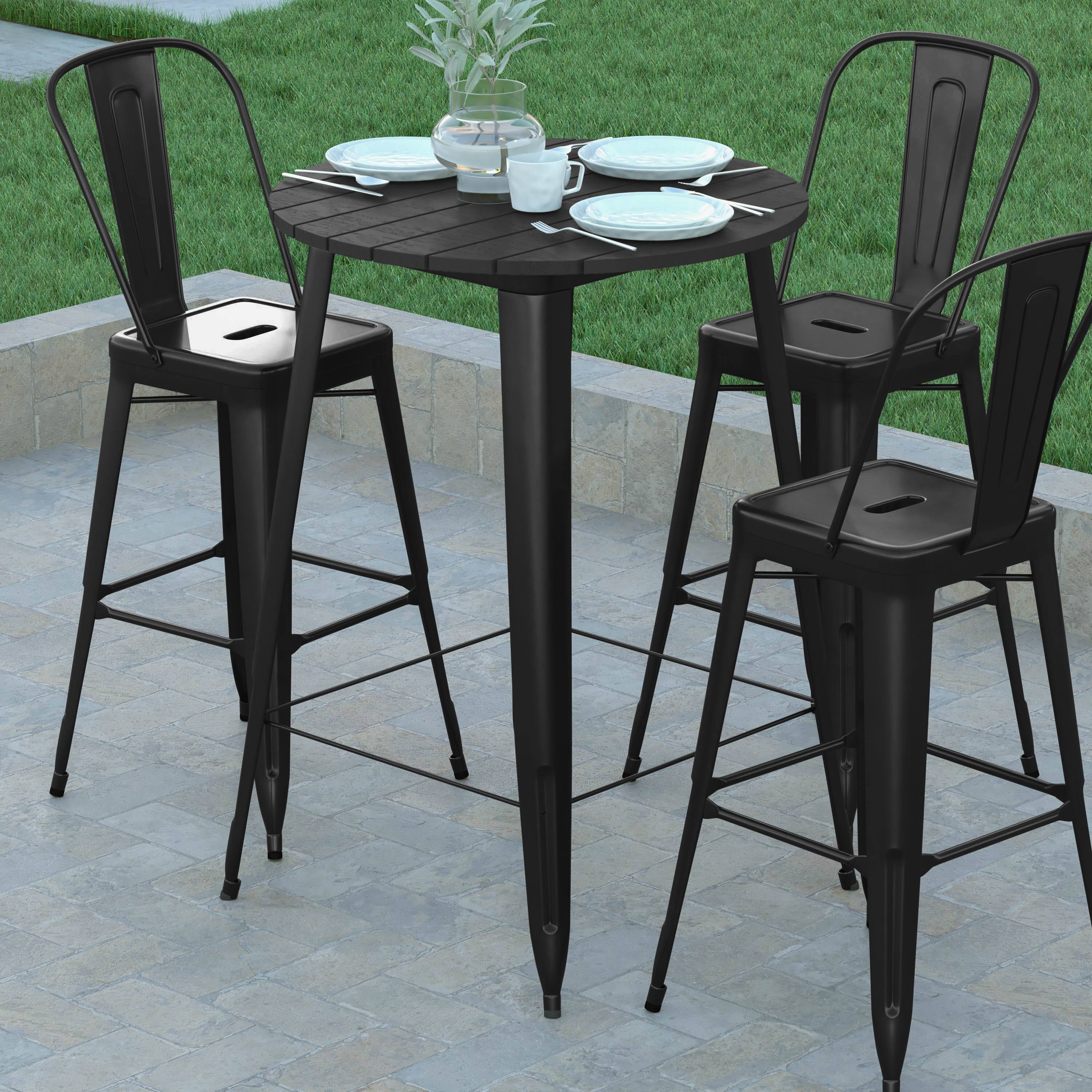 Alt View 3. Emma + Oliver - Drew Indoor/Outdoor Bar Top Table, 30" Round All Weather Poly Resin Top with Steel base - Black Top/Black Frame.