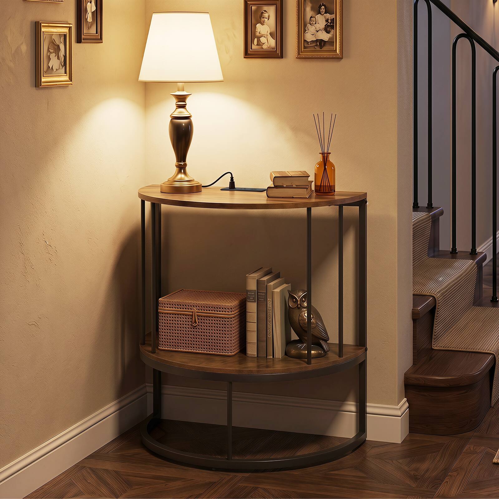 Alt View 4. Costway - Costway Half Moon Console Table with Power Outlets, 2-Tier Entryway Table with Storage Shelf - Rustic Brown & Black.