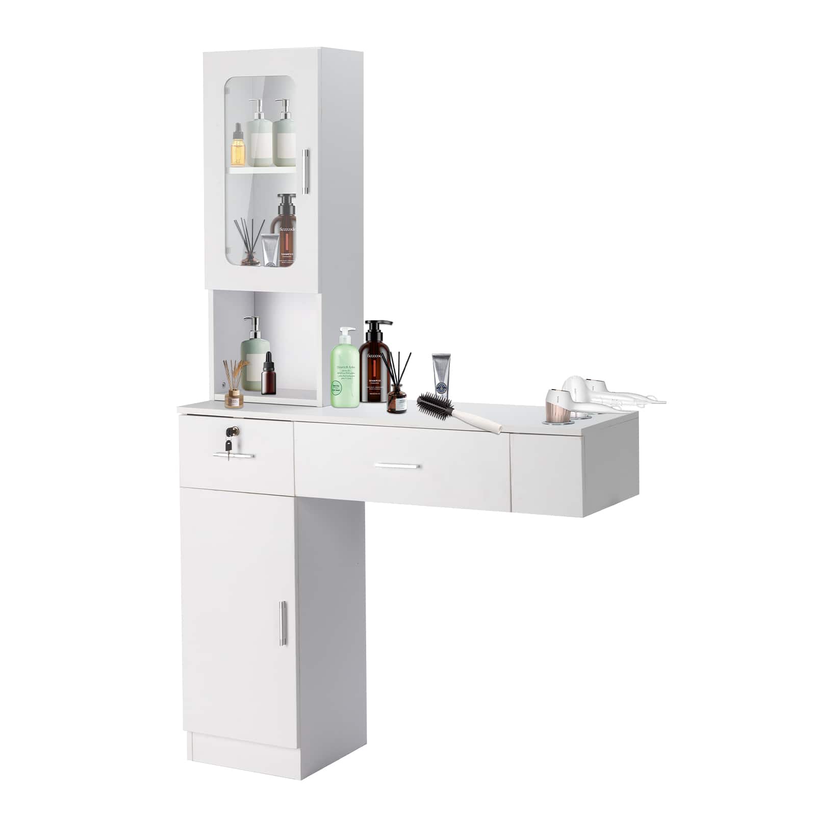 Winado - Wall Mount Barber Salon Stations, Makeup Vanity Desk with Cabinet and Drawers - White
