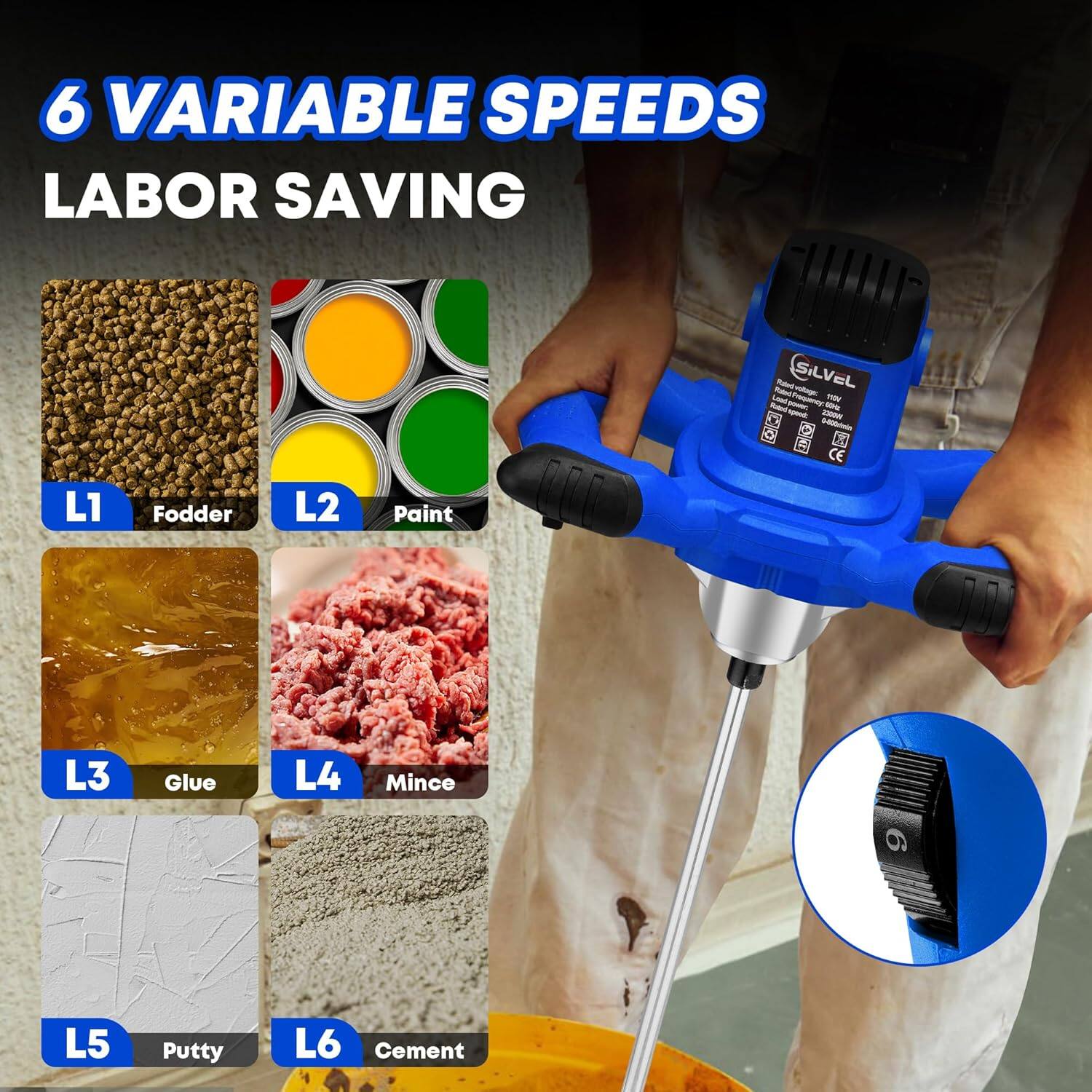 6 VARIABLE SPEEDS LABOR SAVING

L1 Fodder  
L2 Paint  
L3 Glue  
L4 Mince  
L5 Putty  
L6 Cement