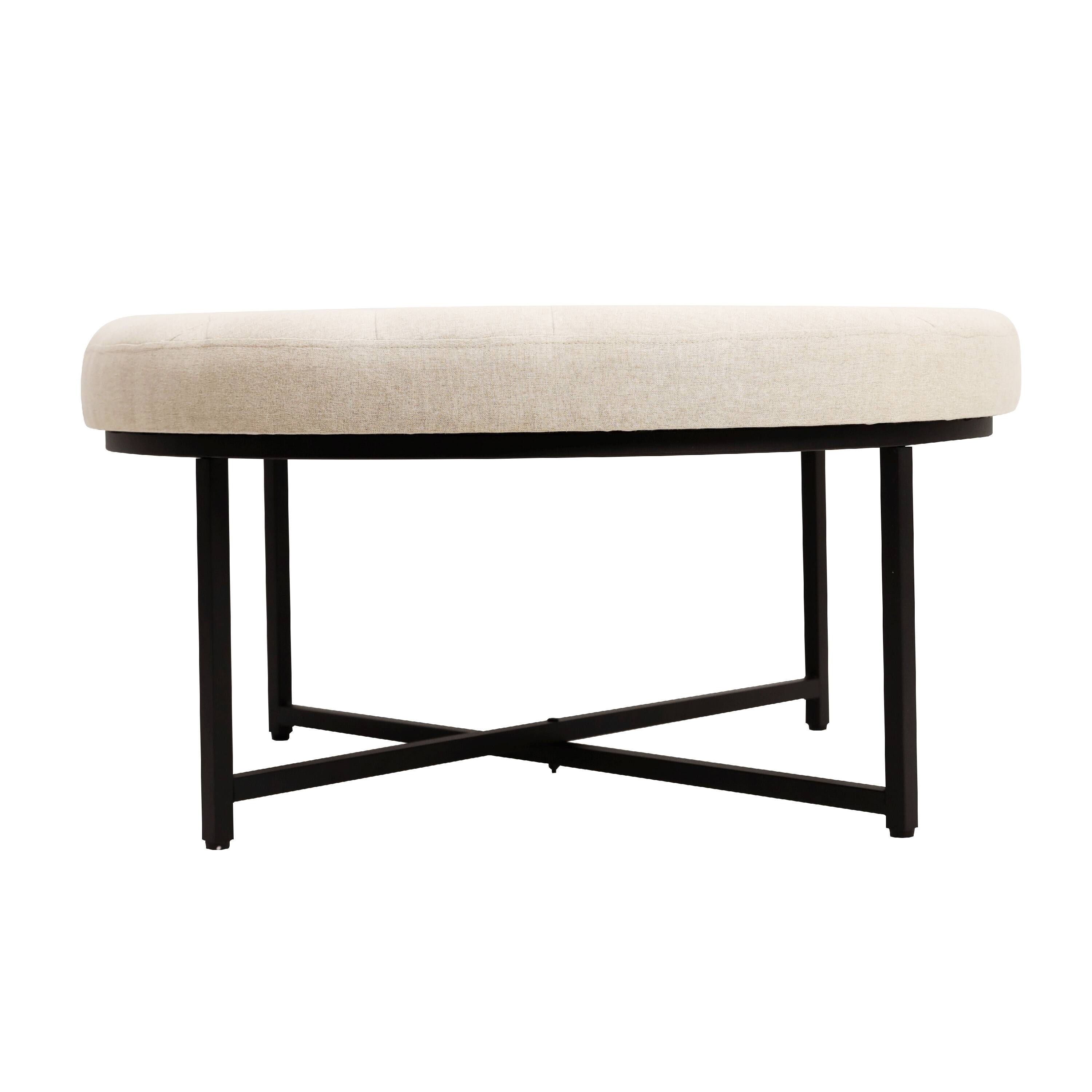 Alt View 6. Emma + Oliver - Aranda 34 in. Cotton Linen Round Ottoman with Tufted Design and Sturdy Iron Frame - Beige.