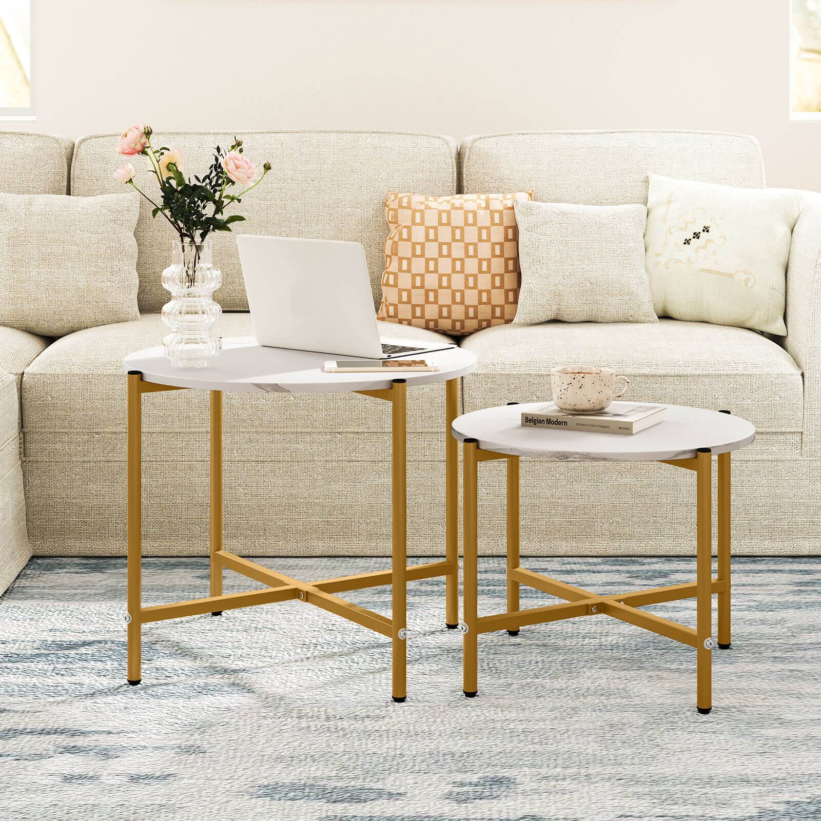 Selgian Modern: A living room with a couch, a coffee table, and a laptop on it. The coffee table has a vase and a book on it. The couch is white, and there is a rug on the floor.