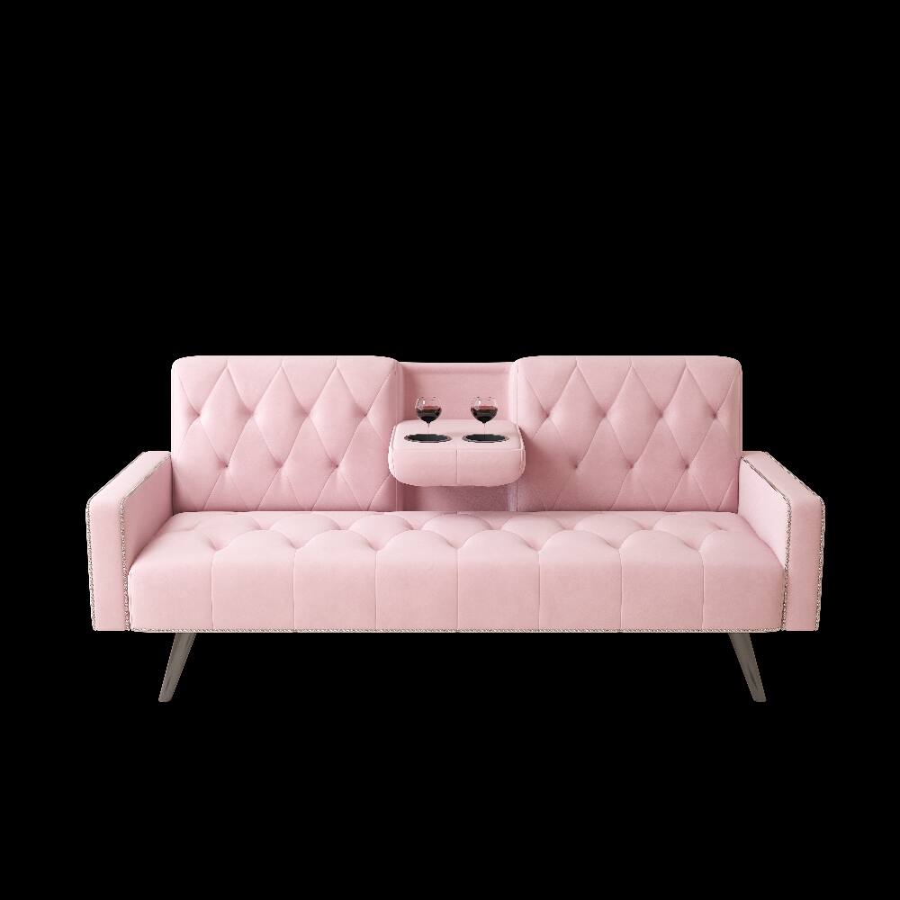 Alt View 7. Loheer - Loheer Pink Velvet Sofa Bed 72 Inch Convertible Sleeper Sofa with Cup Holders Tufted Futon for Small Spaces - Pink.