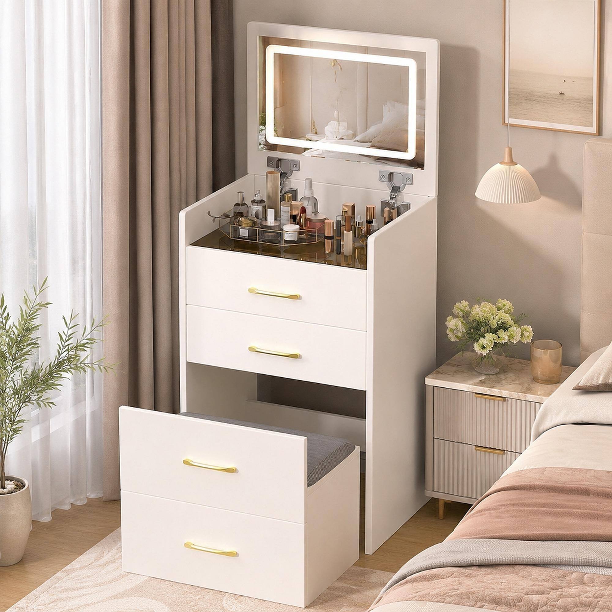 Front. RYHNUYNE - 3 in 1 Vanity Desk, Compact Makeup Table, Flip Up Mirror, Glass Top, 3 Drawers, Cushion Stool, Bedroom - White.