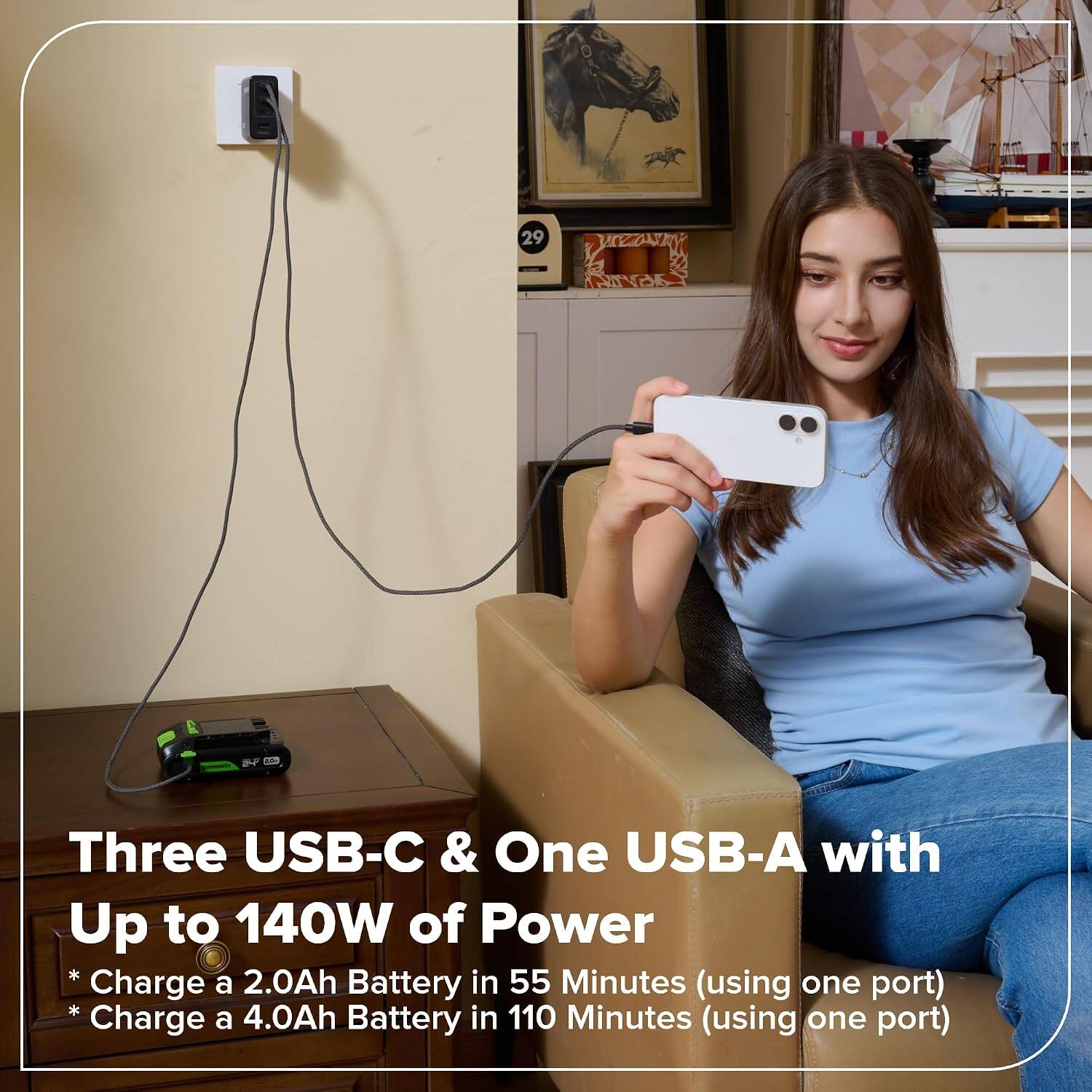 29  
VITALAY  
Three USB-C & One USB-A with Up to 140W of Power  
*Charge a 2.0Ah Battery in 55 Minutes (using one port)  
*Charge a 4.0Ah Battery in 110 Minutes (using one port)