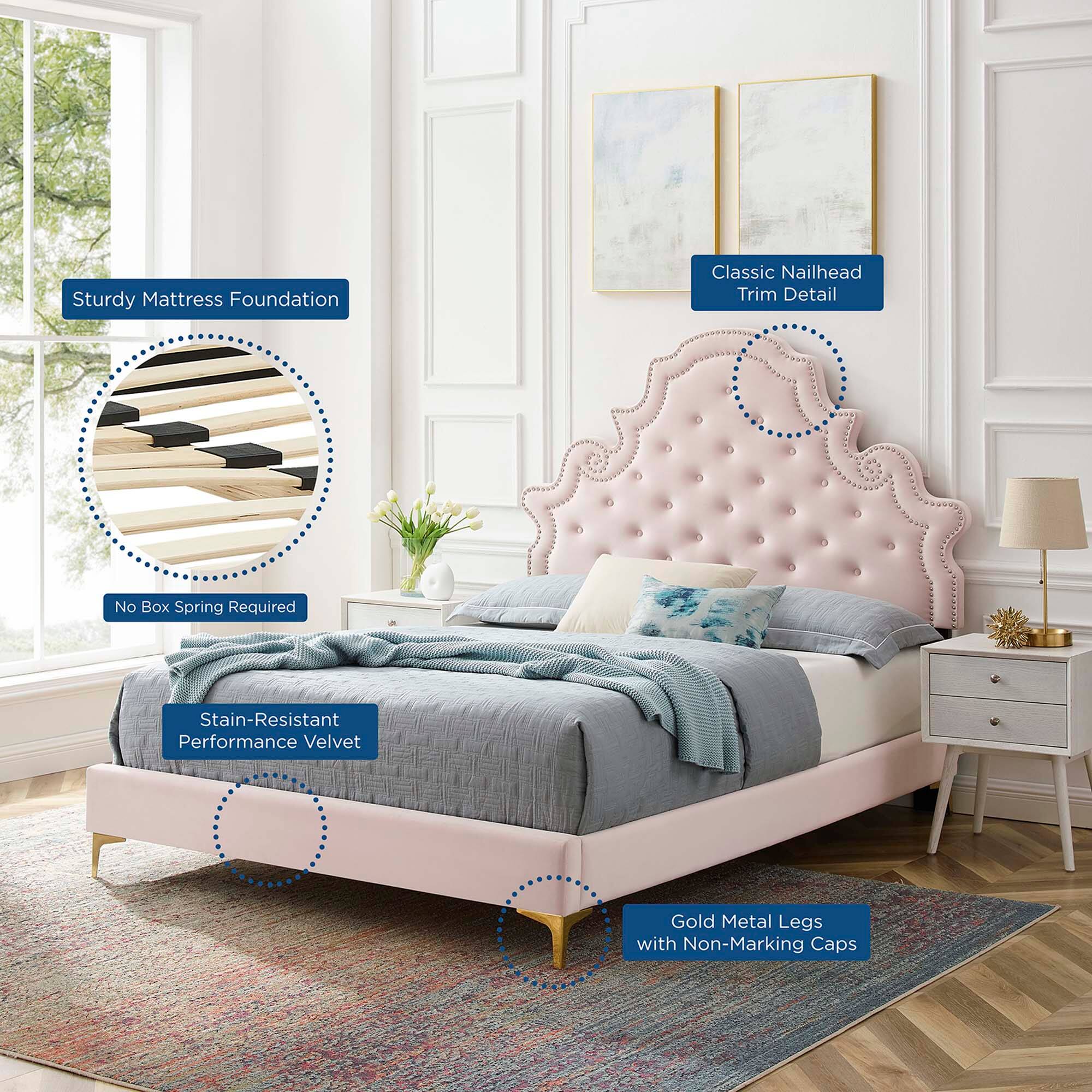- Sturdy Mattress Foundation
- Classic Nailhead Trim Detail
- No Box Spring Required
- Stain-Resistant Performance Velvet
- Gold Metal Legs with Non-Marking Caps