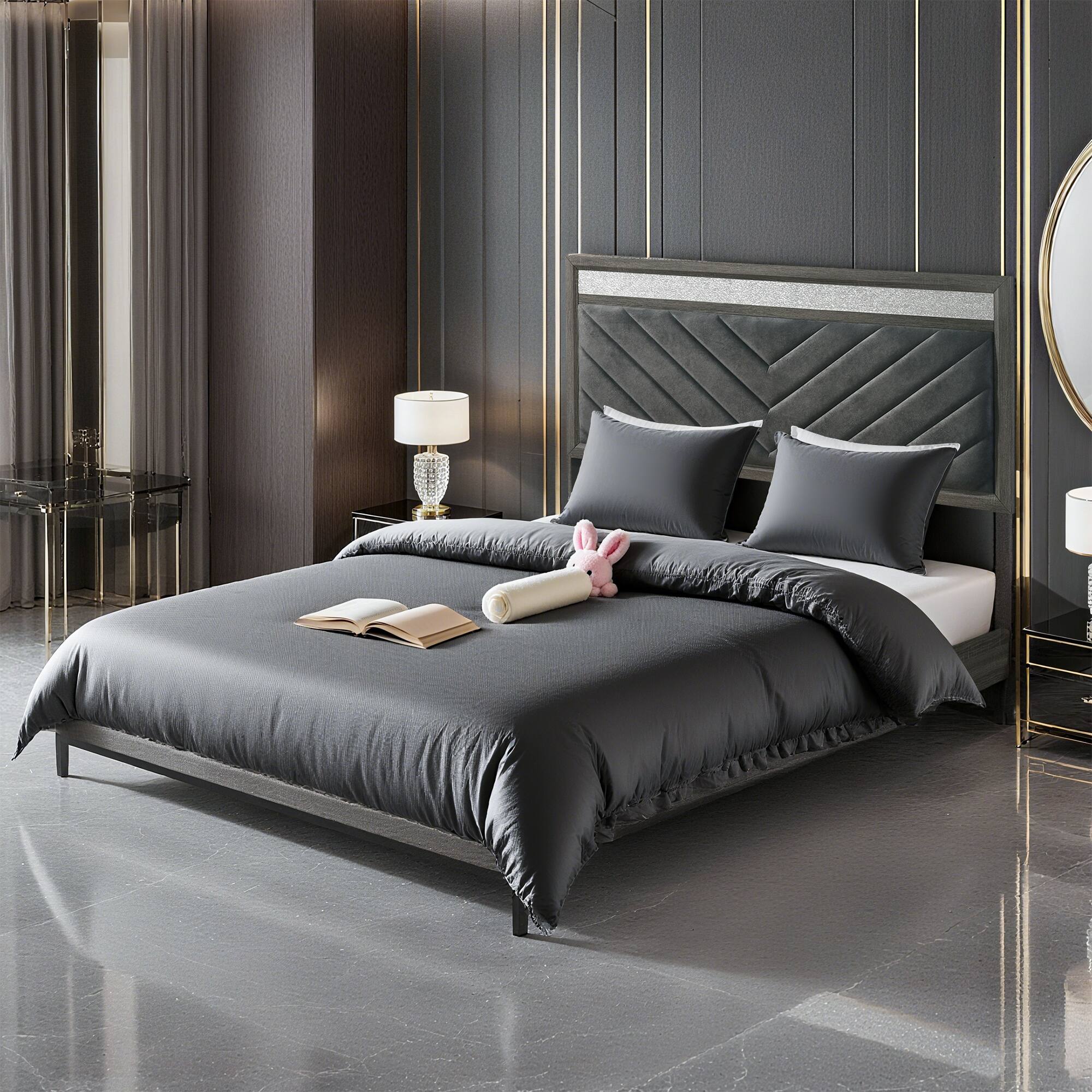 Alt View 1. Vaczon - Full/Double Upholstered Bed Frame with Storage Drawers and Crystal-Like Handles Space-Saving Modern Bedroom Bed - Gray.