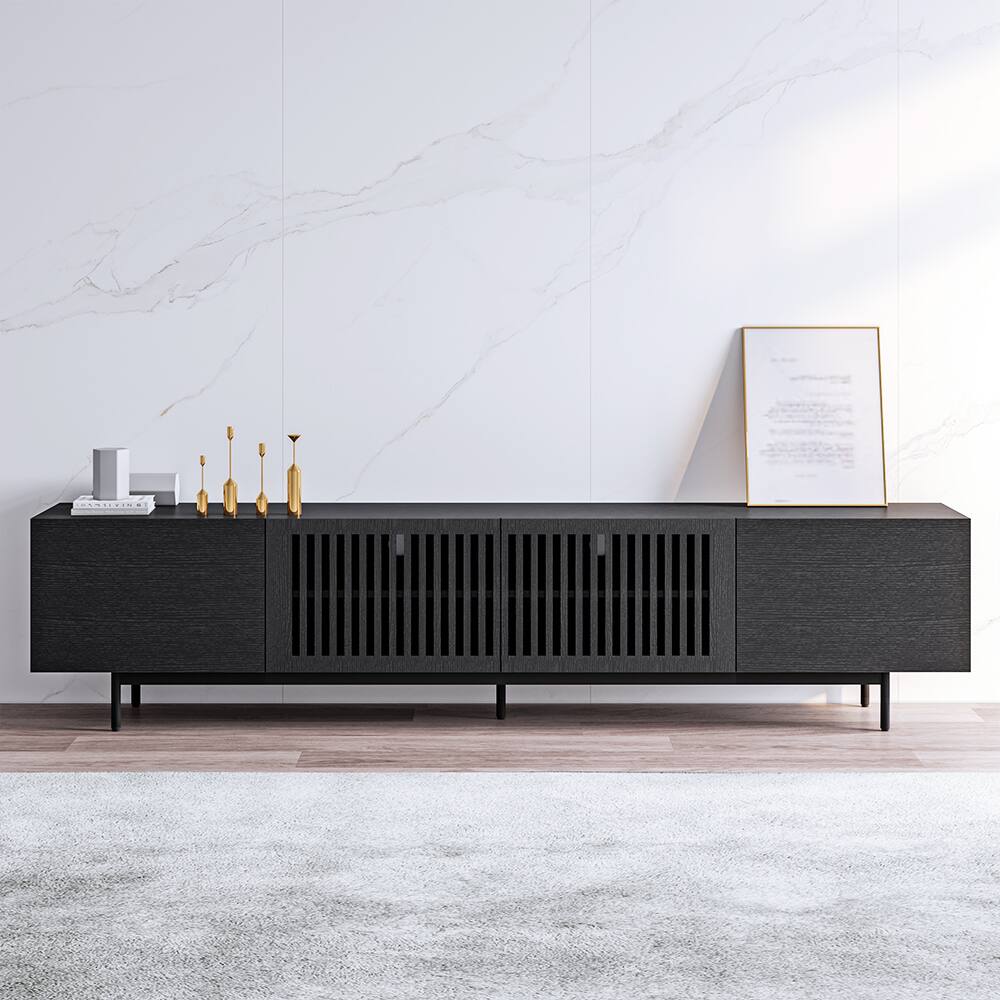 Angle. POVISON - 94" Mid-Century Modern TV Stand, Minimalist Slatted Wood TV Console with Black Tall-Cast Metal Feet, Black Oak - Black.