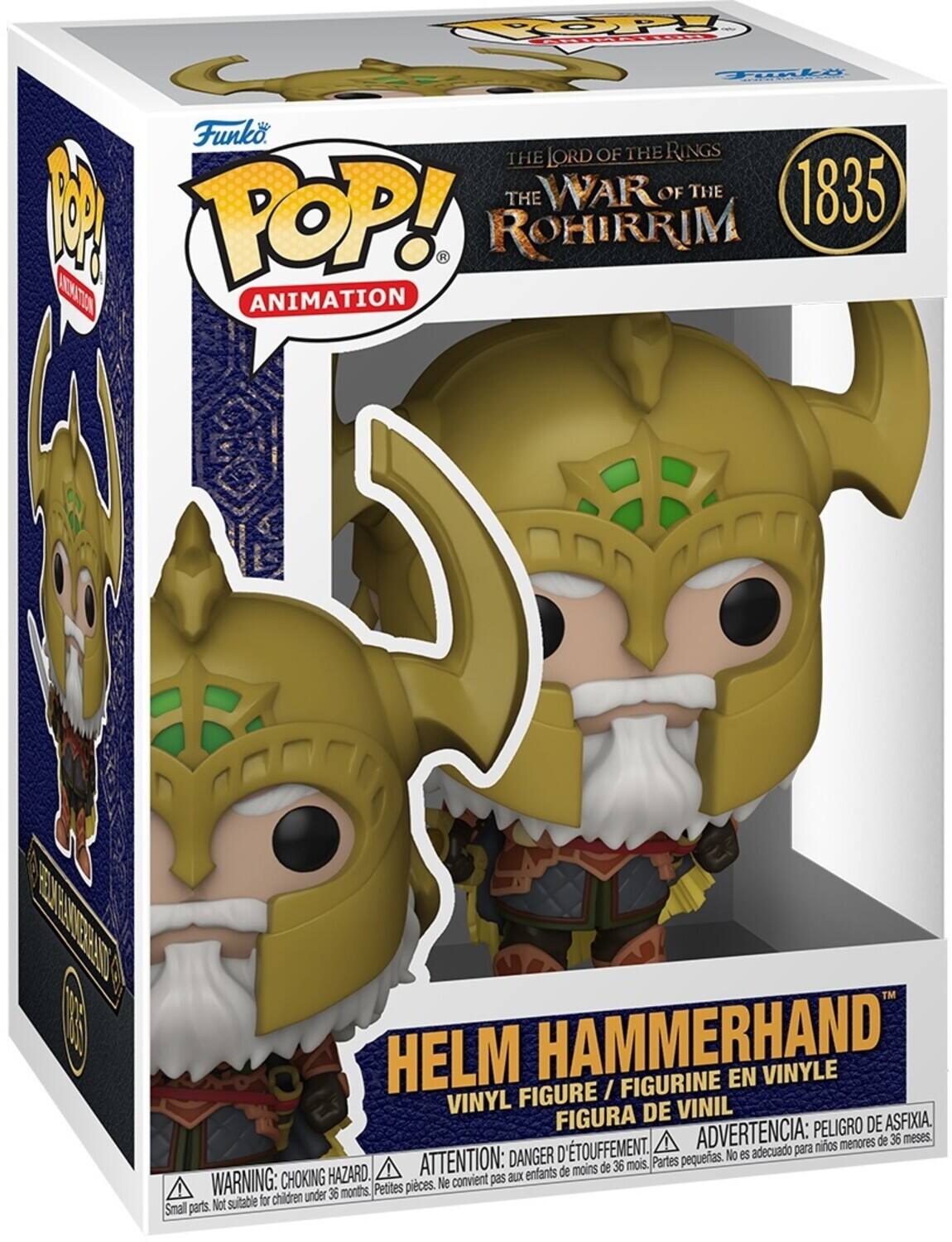 The text on the image is:

"Funko POP! ANIMATION
THE LORD OF THE RINGS
THE WAR OF THE ROHIRRIM
1835
HELM HAMMERHAND
VINYL FIGURE / FIGURINE EN VINYLE / FIGURA DE VINIL
WARNING: CHOKING HAZARD. Small parts. Not suitable for children under 36 months.
ADVERTENCIA: PEORIGRO DE ASFIXIA. Piezas pequeñas. No es adecuado para niños menores de 36 meses.
ATTENTION: DANGER. Petites pièces. Ne convient pas aux enfants de moins de 36 mois."