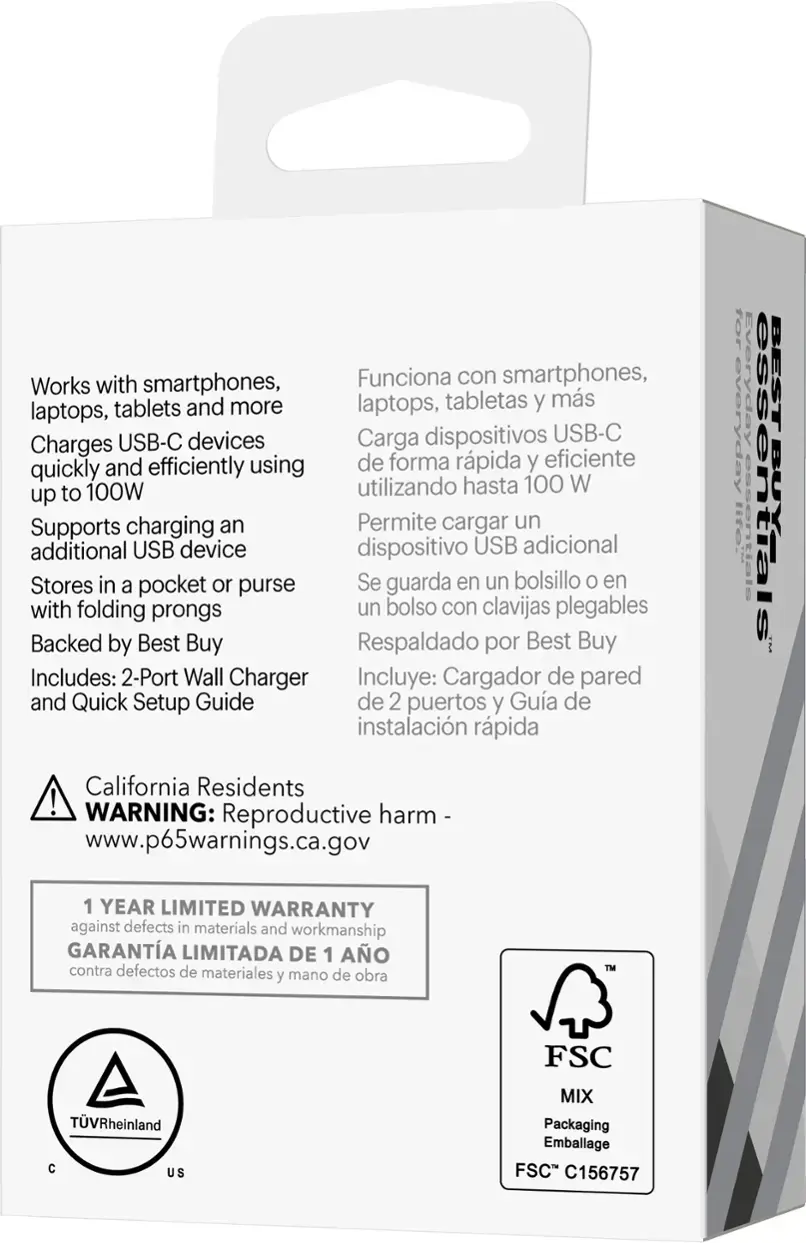 The box contains a 2-port wall charger that works with smartphones, laptops, tablets, and USB-C devices. It charges efficiently up to 100W and supports charging an additional USB device. The charger is backed by Best Buy and comes with a Quick Setup Guide. The box also includes a 2-port wall charger and a folding prongs design for easy storage. It is essential for everyday life and comes with a 1-year limited warranty against defects in materials and workmanship. The packaging is made from FSC-certified materials.