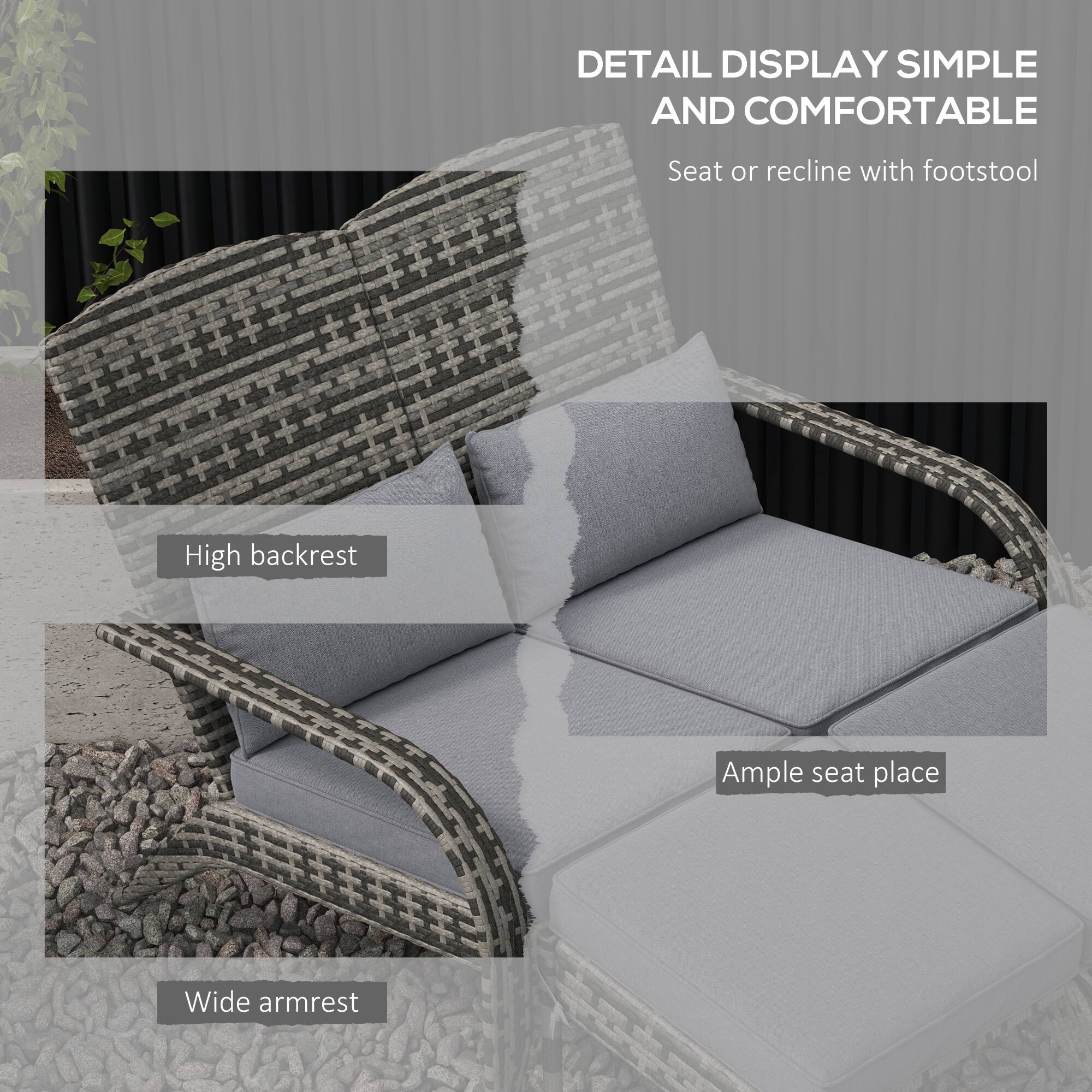 DETAIL DISPLAY SIMPLE AND COMFORTABLE  
Seat or recline with footstool  
High backrest  
Ample seat place  
Wide armrest