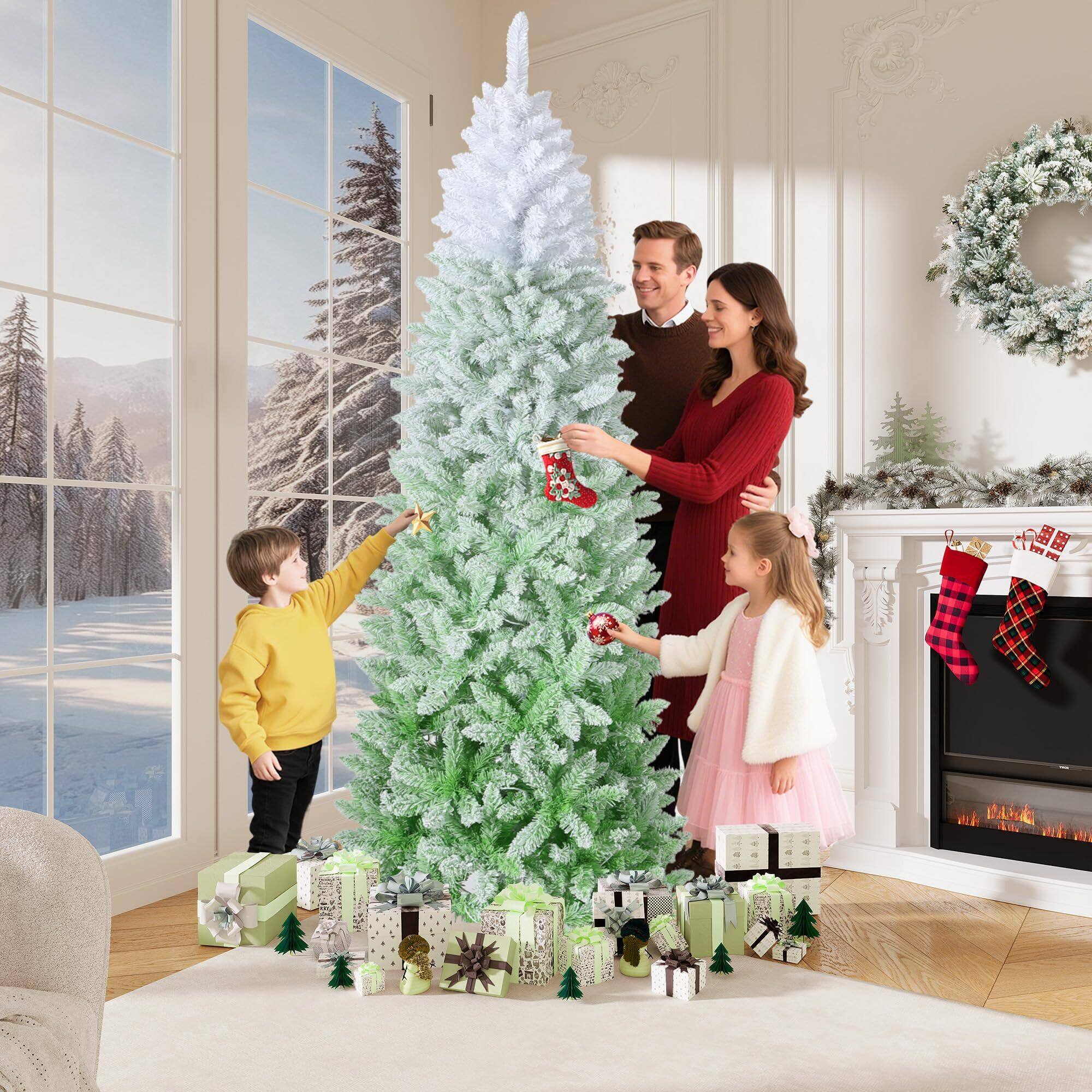 Alt View 3. Acekool - 7.5ft Snow Flocked Pencil Christmas Tree with Pink Gradient, Slim Artificial Xmas Tree - White+Green.