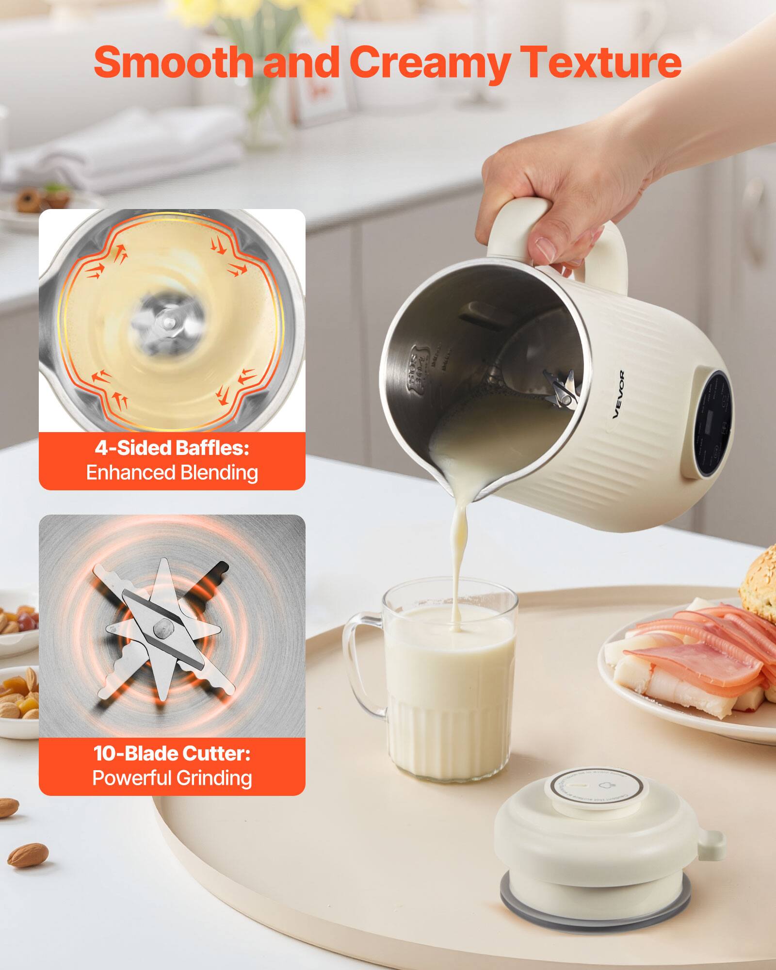 Smooth and Creamy Texture

4-Sided Baffles: Enhanced Blending

10-Blade Cutter: Powerful Grinding