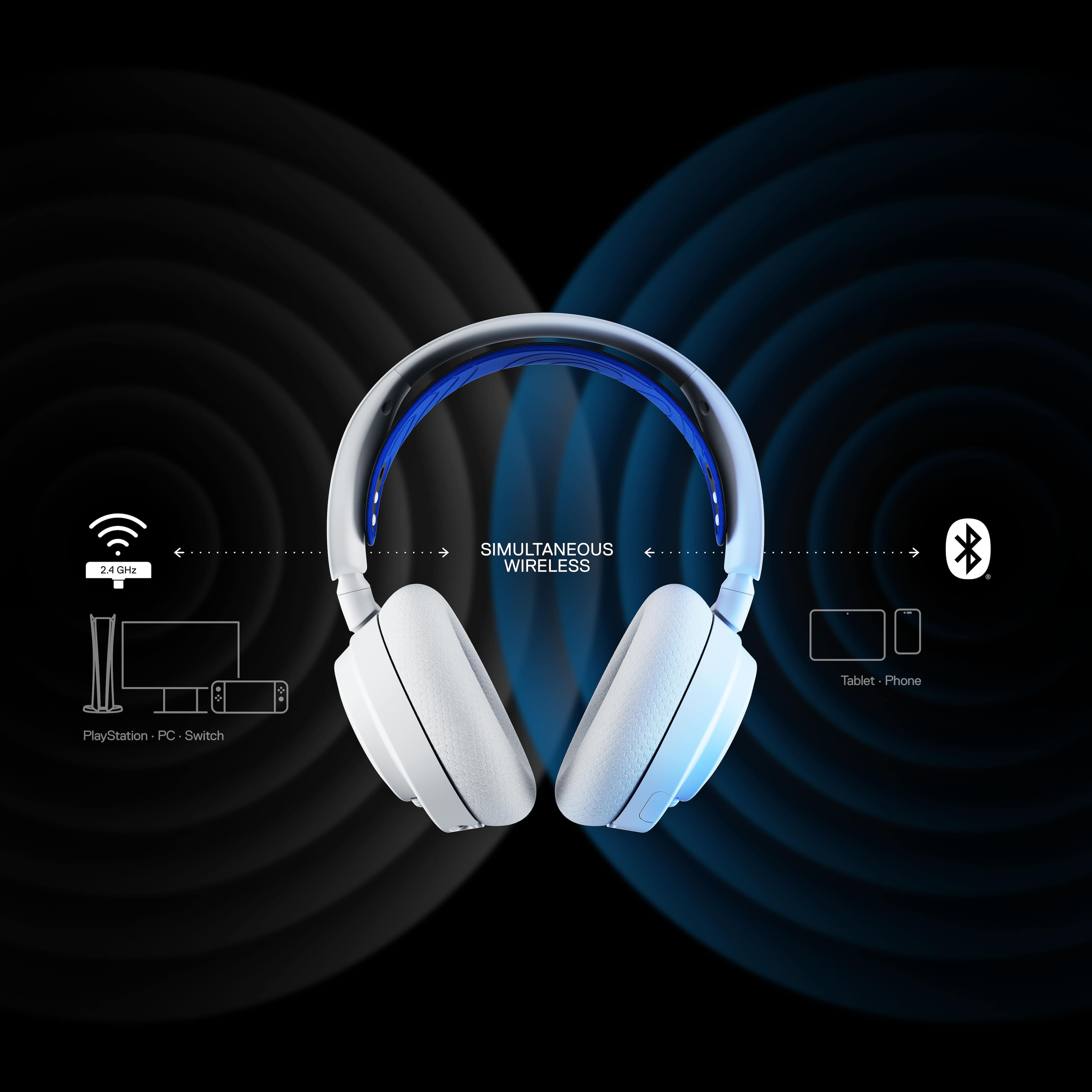 The text on the image is grouped and corrected as follows:
"24 G SIMULTANEOUS WIRELESS + Tablet Phone PlayStation PC Switch"
This text describes the features of the headphones, which include simultaneous wireless connectivity and compatibility with various devices such as tablets, phones, PlayStation, PC, and Switch.