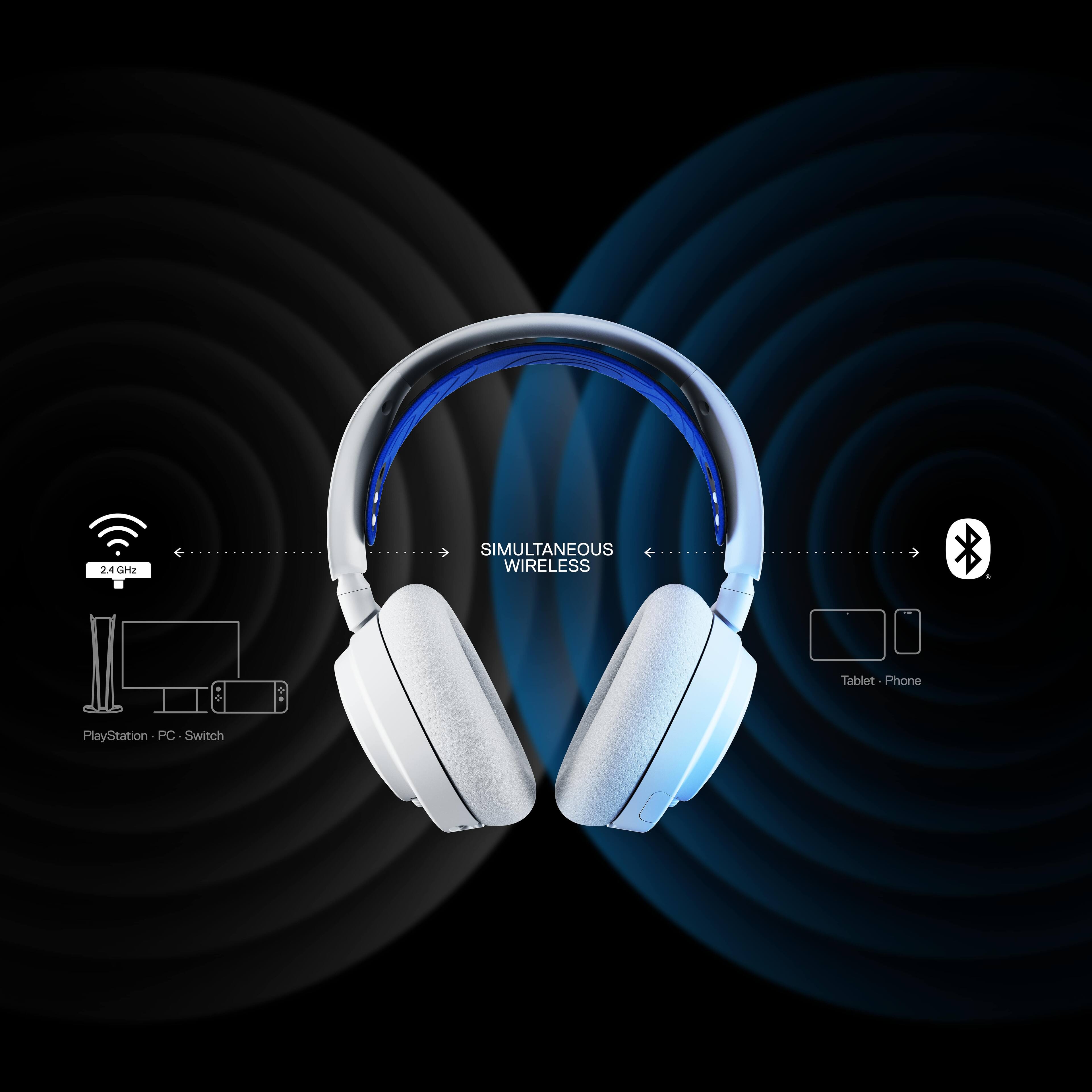 The text on the image is grouped and corrected as follows:

"24 G SIMULTANEOUS WIRELESS + Tablet Phone PlayStation PC Switch"

This text describes the features of the headphones, which include simultaneous wireless connectivity and compatibility with various devices such as tablets, phones, PlayStation, PC, and Switch.