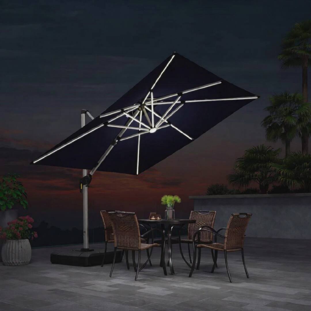 Angle. PURPLE LEAF - 11 ft. Patio Square Aluminum Solar Powered LED Cantilever Outdoor Offset Umbrella with Base for Garden Deck Pool - Navy Blue.