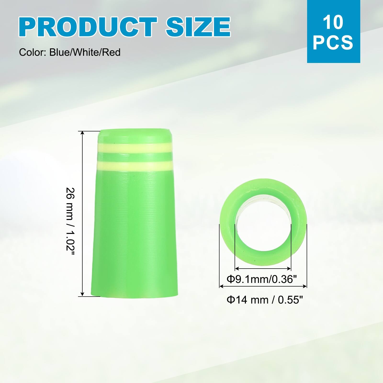 PRODUCT SIZE  
Color: Blue/White/Red  
10 PCS  
26 mm / 1.02"  
9.1mm / 0.36"  
14 mm / 0.55"