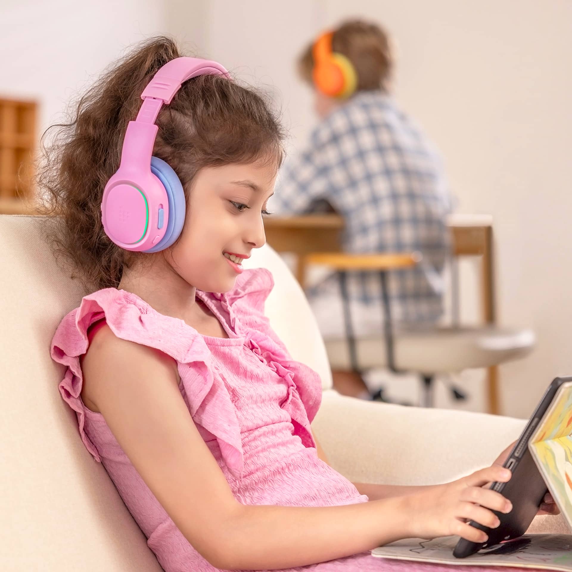 Alt View 20. Tronsmart - KH03 Active Noise Cancelling Wireless Headphones w/ 74/85/93dB Safe Volume, LED Lights, 70H Playtime for School Travel - Princess Pink.