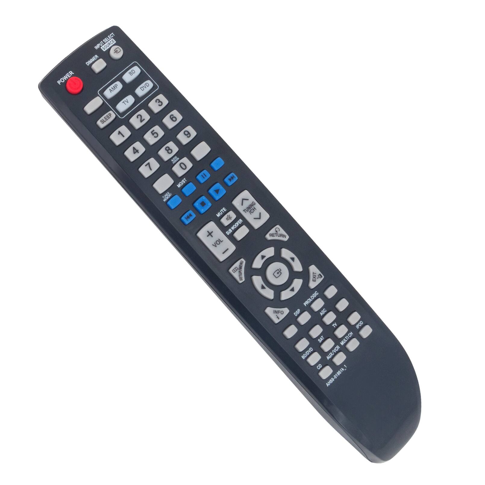 SELECT NPU SOURCE DIMMER BD POWER AMP DVD TV 3 SLEEP 2 6 1 5 9 4 8 SES 7 0 MOIST J H 1 N A ^ MUTE TUNING ICH A + SUBROOFER VOL  T ETURN EXIT  PROLOGIC INFO DSP ABC 4 TV FFOD SAT MULTICH BODVD AUX/VCA 8 - AH50-01961k_1 O-Y