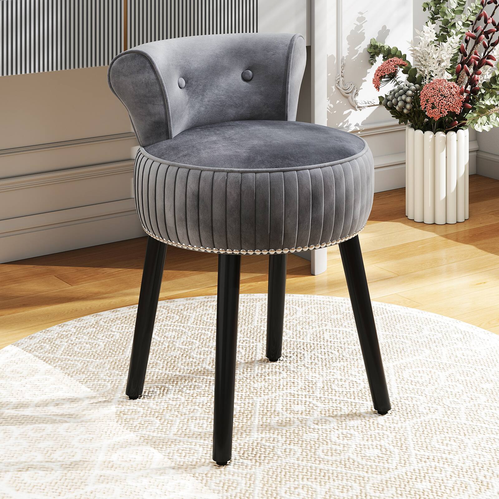 Alt View 1. Gymax - Gymax Velvet Vanity Chair w/ Back Tufted Low Back & Solid Wood Legs for Bedroom Gray - Gray.