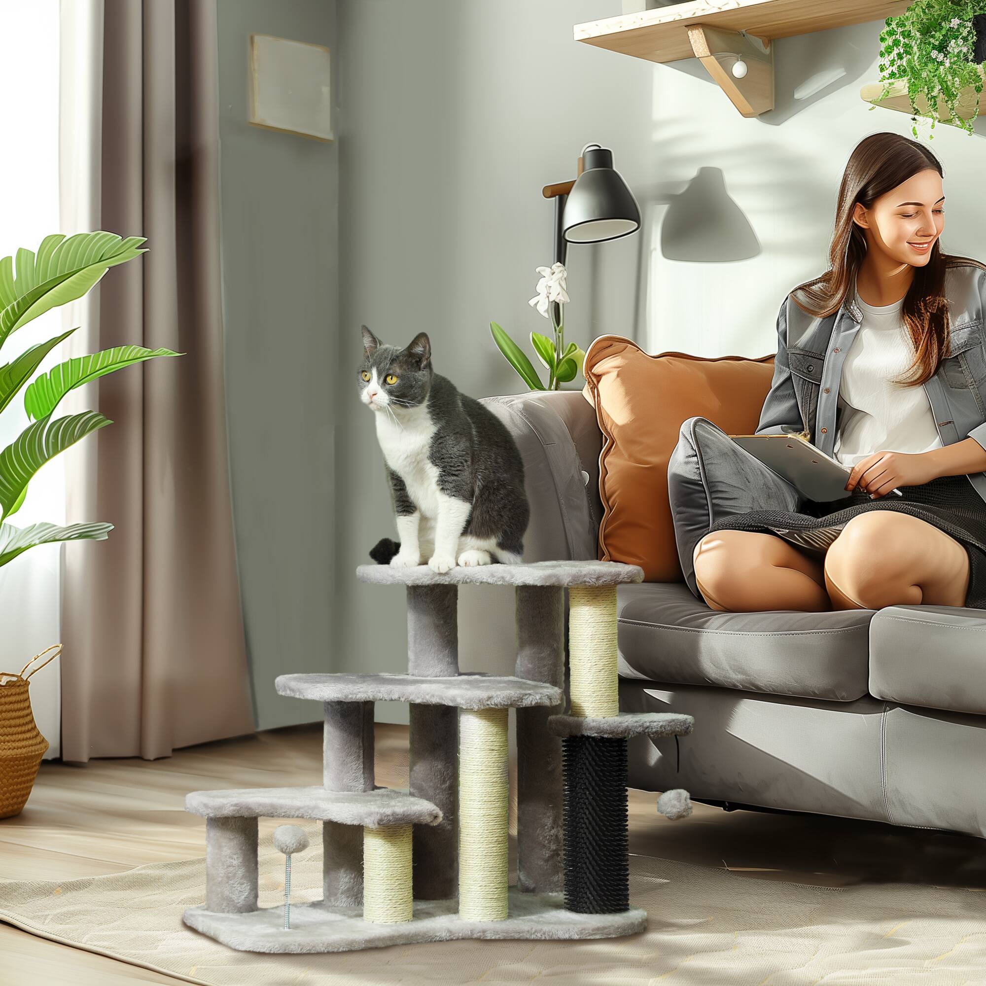 Angle. Pawhut - 20" Pet Stairs for Cats, 2 in 1 3-Step Cat Tree Tower with Scratching Posts, Tickling Post, Toy Balls, for High Beds - Light Gray.
