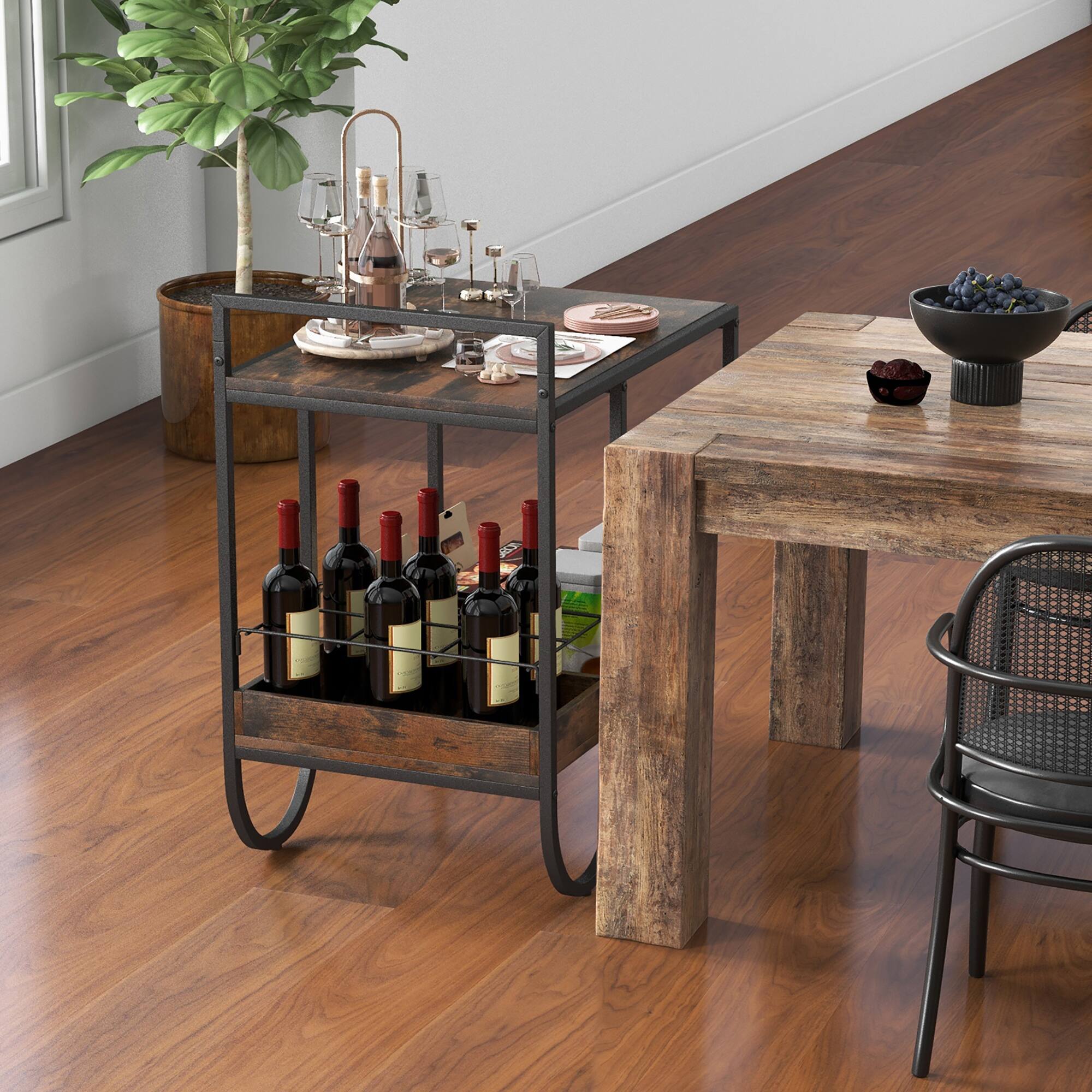 Alt View 3. Costway - Costway Industrial Bar Cart Rolling Buffet Serving Cart with Removable Metal Wire Rack - Brown.