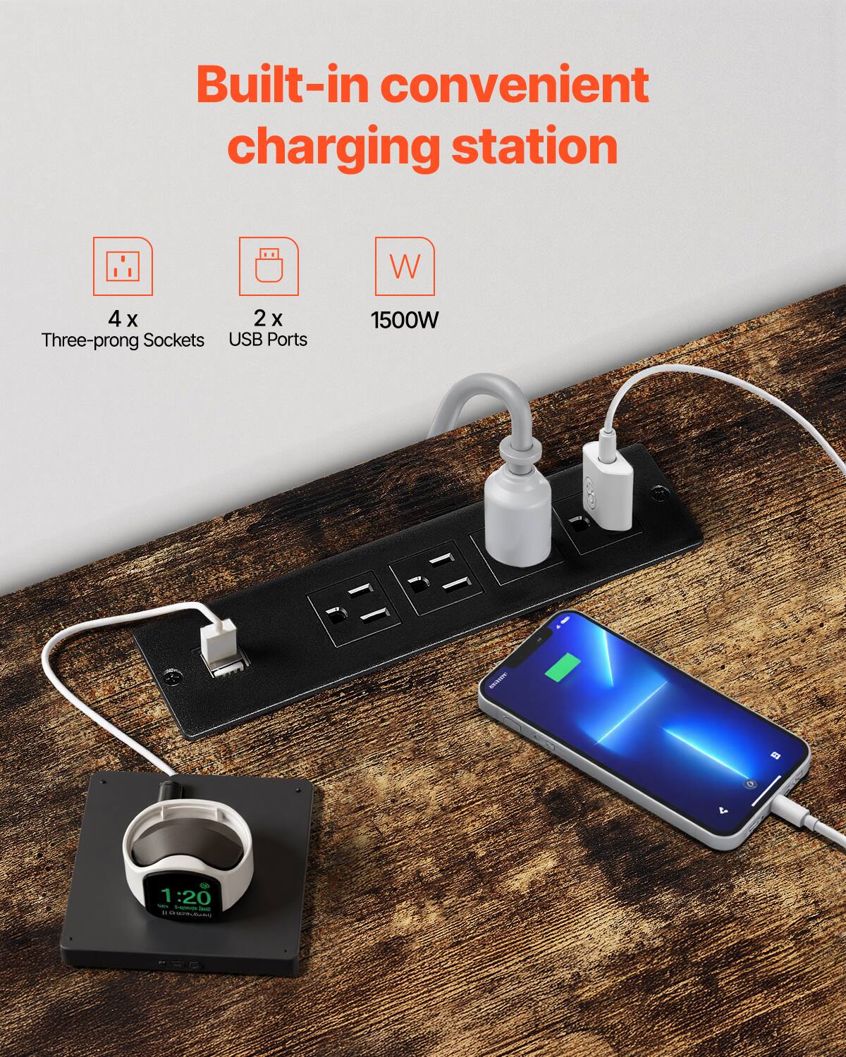 Built-in convenient charging station

4 x Three-prong Sockets
2 x USB Ports
1500W