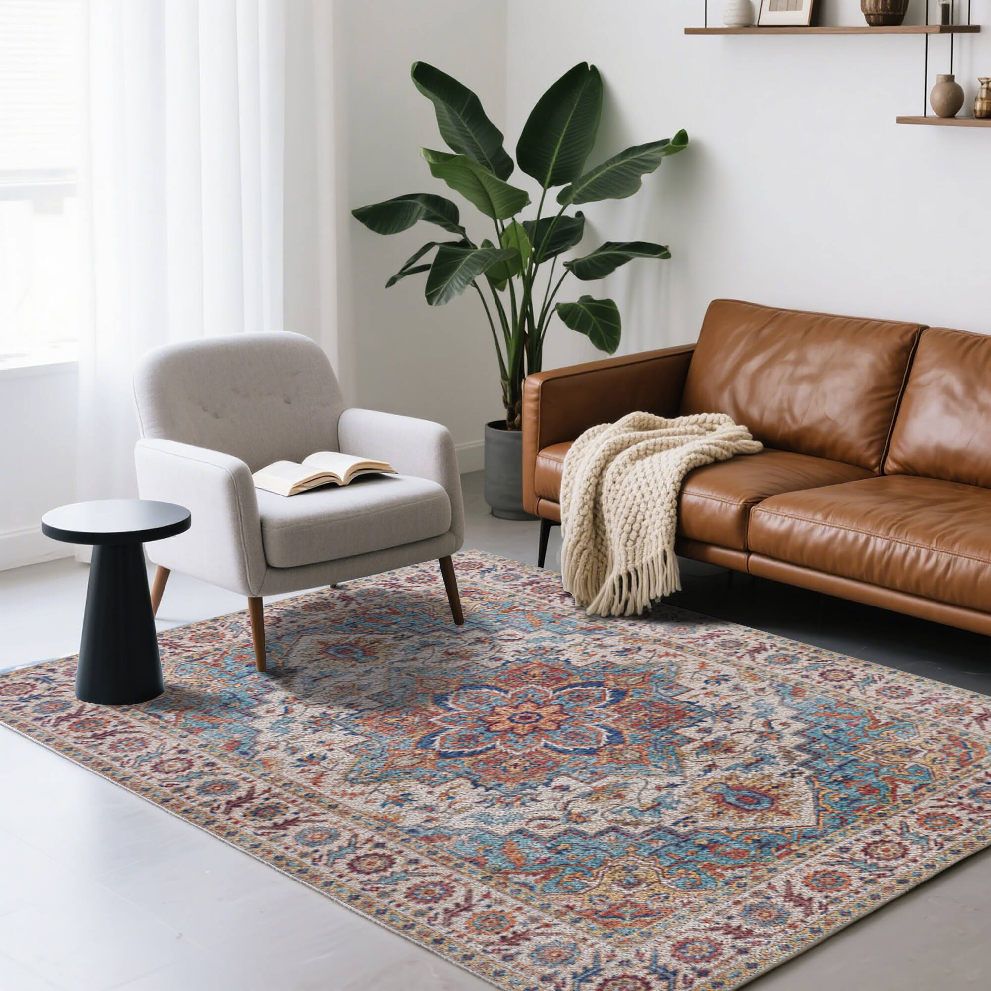 Left. Ihomeadore - 7FT x 5FT Vintage Bohemia Cotton Area Rug with Non-Slip TPR Backing for Indoor Living Room and Entryway - Red.