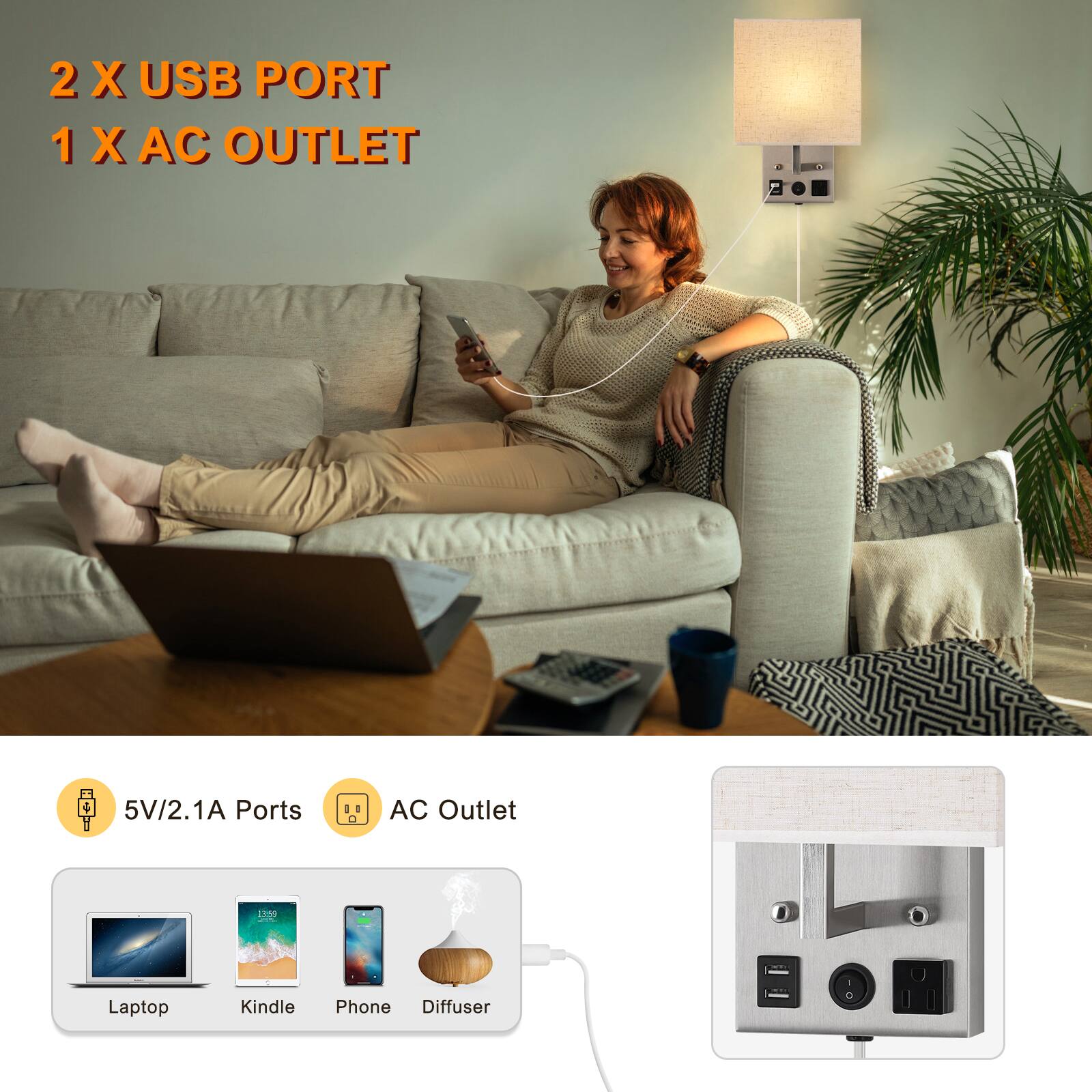 2 X USB PORT  
1 X AC OUTLET  

5V/2.1A Ports  
AC Outlet  

Laptop  
Kindle  
Phone  
Diffuser