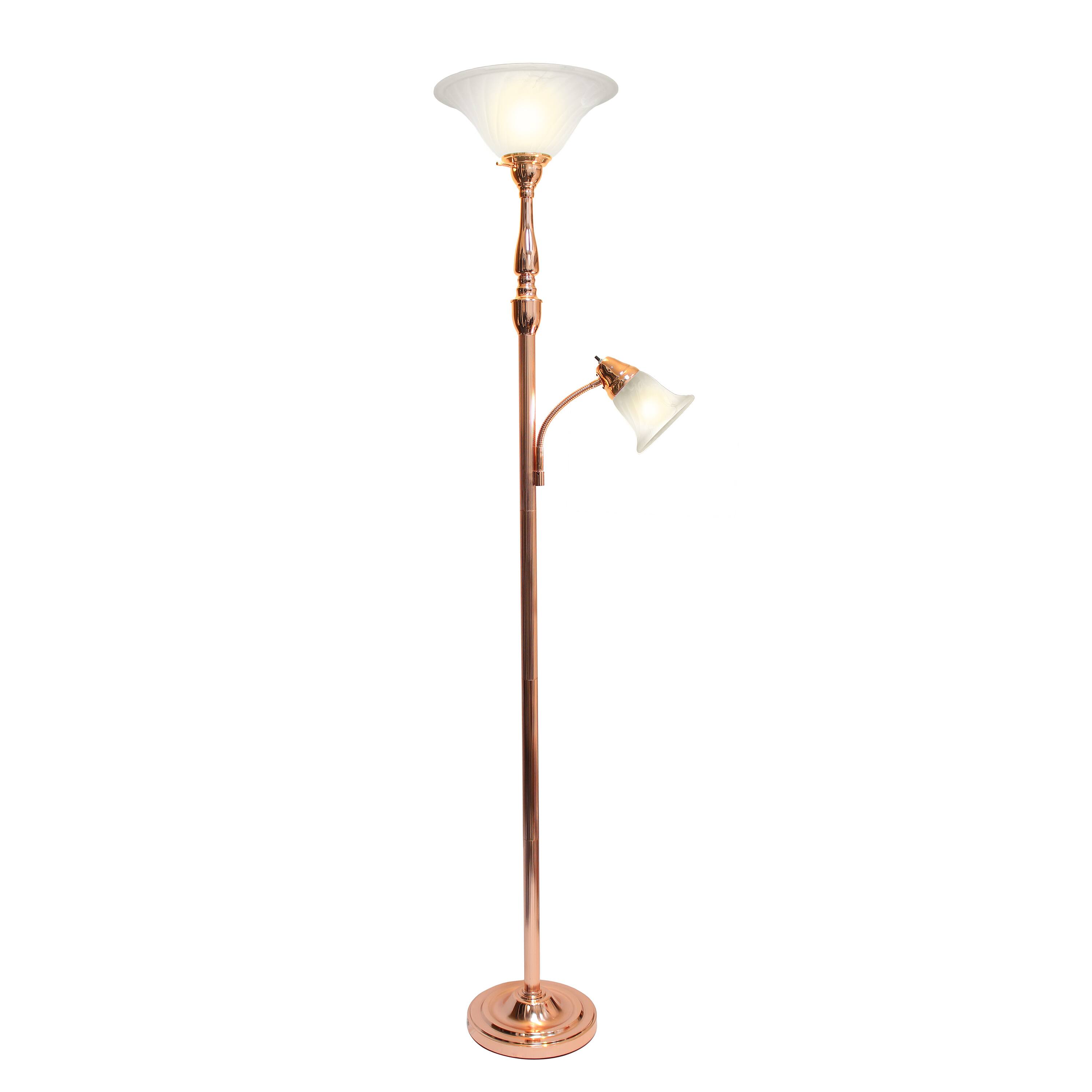 Front. Lalia Home - Torchiere 800lm Floor Lamp with Reading Light and Marble Glass Shades - Rose Gold/White Shade.