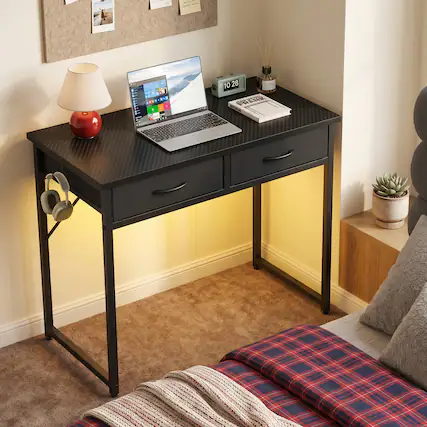 Front. Pinmoco - Pinmoco 32"/42" Small Computer Desk with RGB LED Lights & 2 Fabric Drawers, Modern Dorm Study Desk for Small Spaces - 32" Black.