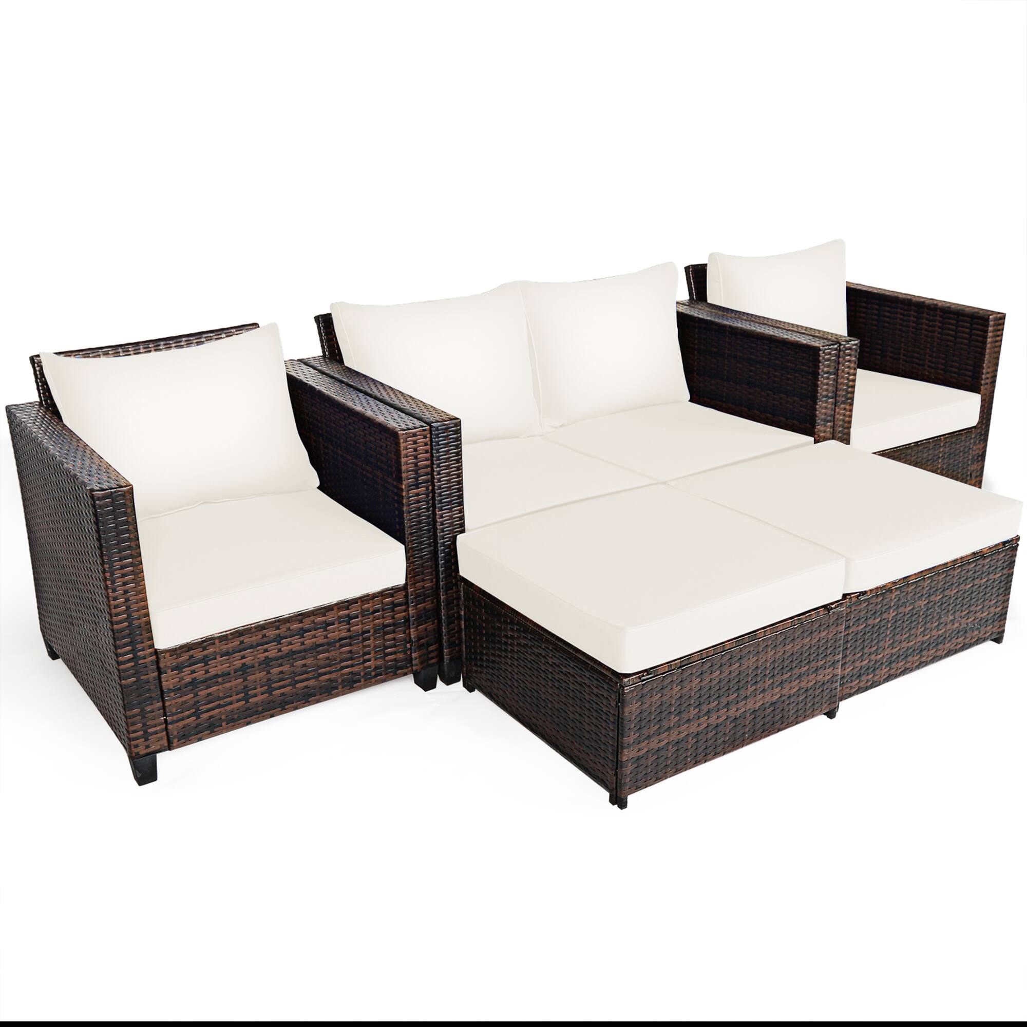 Alt View 1. Gymax - Gymax 5PCS Outdoor Patio Rattan Conversation Sofa Furniture Set w/ White Cushions - White.