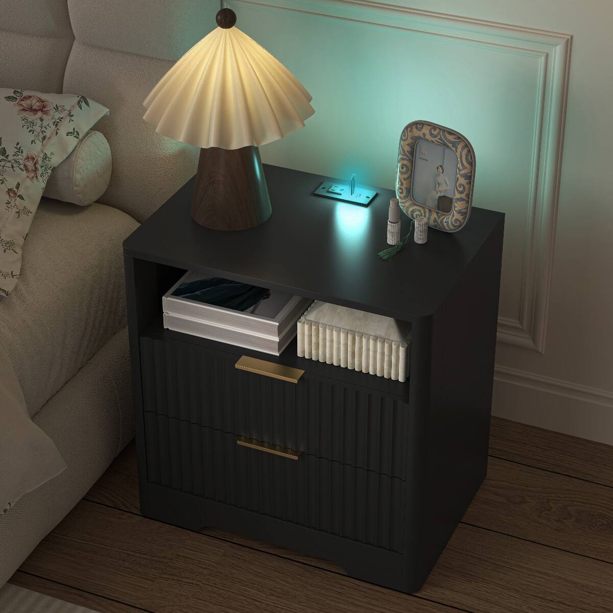 Alt View 8. Loheer - Loheer Black Nightstand with Charging Station and Storage Cabinet - Black.