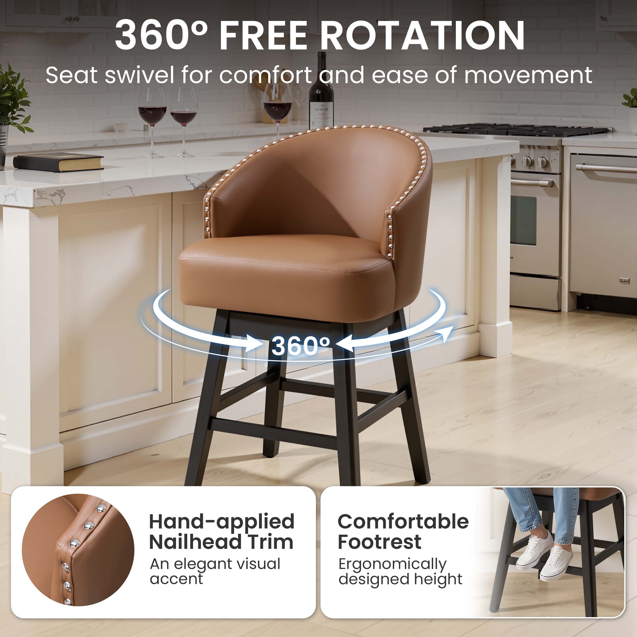 360° FREE ROTATION  
Seat swivel for comfort and ease of movement

Hand-applied Nailhead Trim  
An elegant visual accent

Comfortable Footrest  
Ergonomically designed height