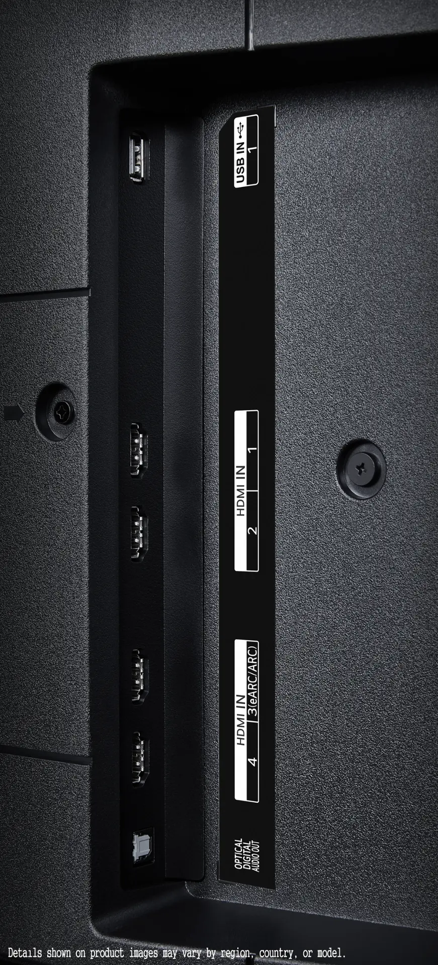 The text on the image reads: "USB 1 IN HDMI 2 IN HDMI 3 (eARC/ARC) HDMI 4 OUT OPTICAL DIGITAL AUDIO Details shown on product images may vary by region, country, or model."