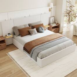 Brick Attic - Upholstered Bed with Oversized Headboard & Side Shelves,Solid Wood Frame,Left & Right Storage for Phone and Books - White