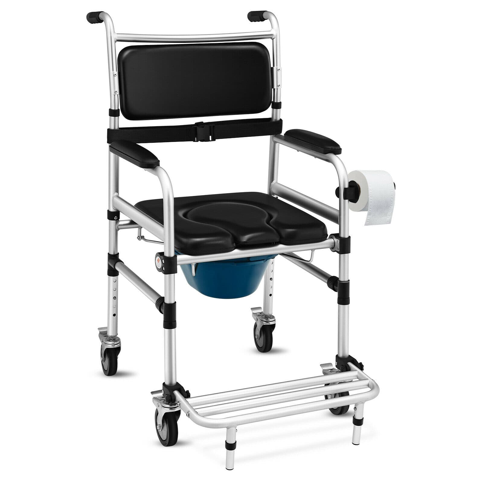 Gymax - 2-in-1 Aluminum Commode/Shower Wheelchair w/ Locking Casters Adjustable Height - Black