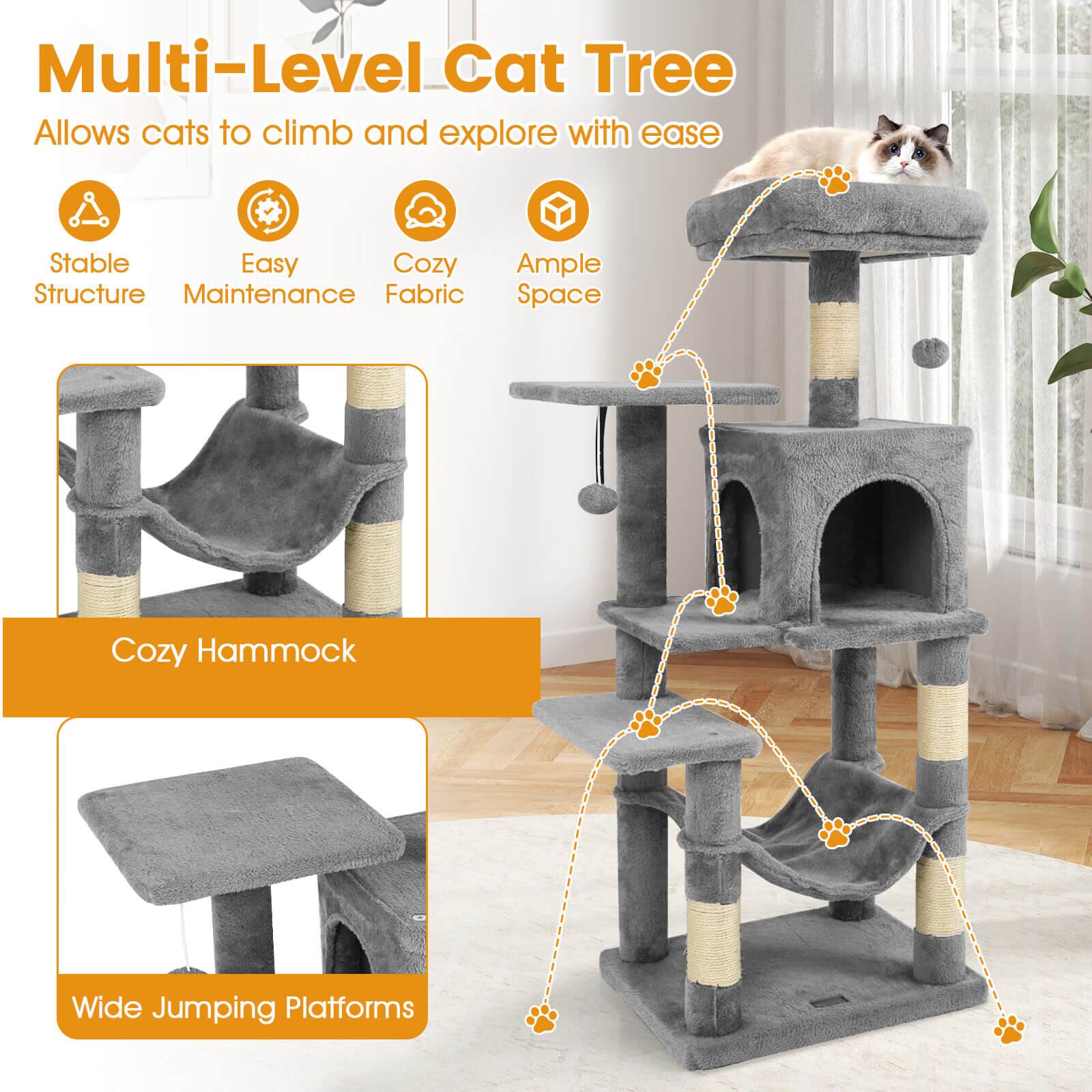 Multi-Level Cat Tree  
Allows cats to climb and explore with ease  

- Stable Structure  
- Easy Maintenance  
- Cozy Fabric  
- Ample Space  

Cozy Hammock  
Wide Jumping Platforms