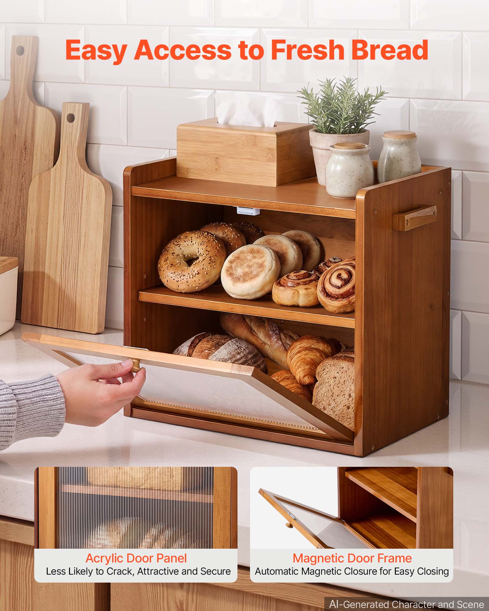 Easy Access to Fresh Bread

Acrylic Door Panel
Less Likely to Crack, Attractive and Secure

Magnetic Door Frame
Automatic Magnetic Closure for Easy Closing

AI-Generated Character and Scene