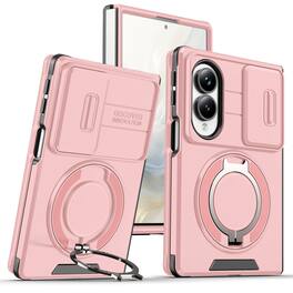Dteck - for Samsung Galaxy Z Fold8 Case with Camera Slide Cover, Shockproof Rugged Phone Cover with Magnetic Rotate Ring Stand - Pink
