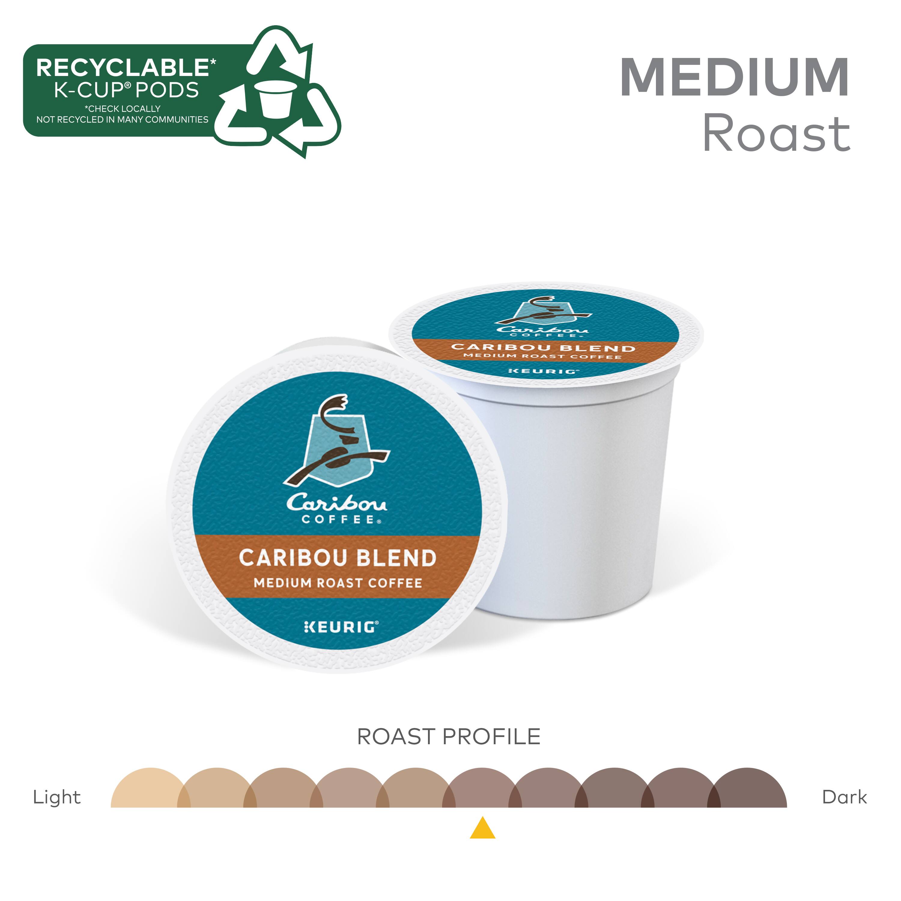 RECYCLABLE* K-CUP PODS *CHECK LOCALLY NOT RECYCLEO IN MANY COMMUNITIES MEDIUM Roast LIFEO CARIBOU BLEND MEDIUM ROAST COFFEE KEURIG ROAST PROFILE Light Dark
